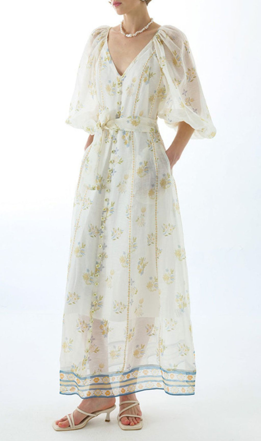Jacobo Floral Puff Sleeve V-Neck Maxi Dress - Romantic Summer Elegance