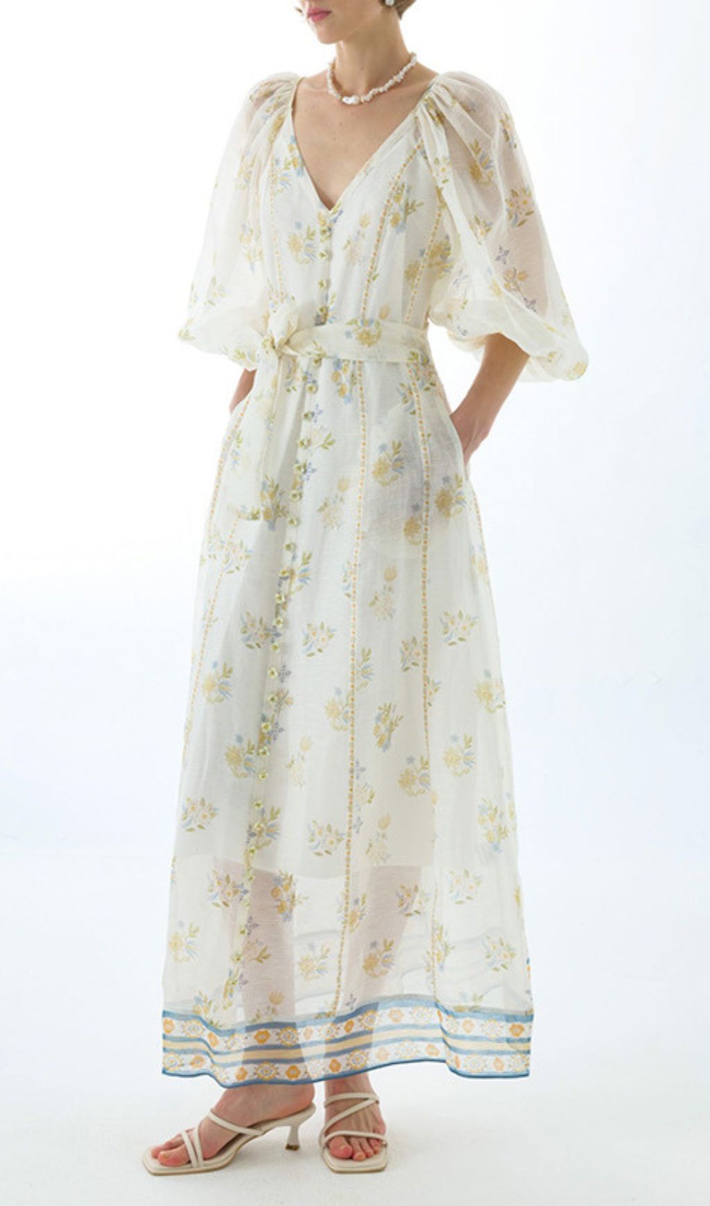 Jacobo Floral Puff Sleeve V-Neck Maxi Dress - Romantic Summer Elegance