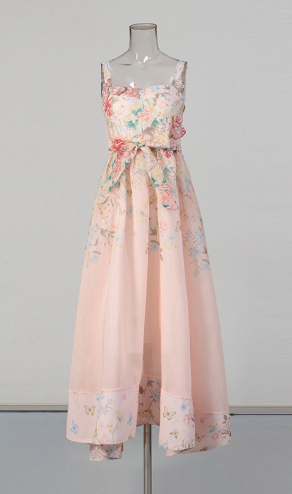 Kader Whimsical Pink Floral & Butterfly Maxi Dress - Romantic Tie-Waist Summer Gown