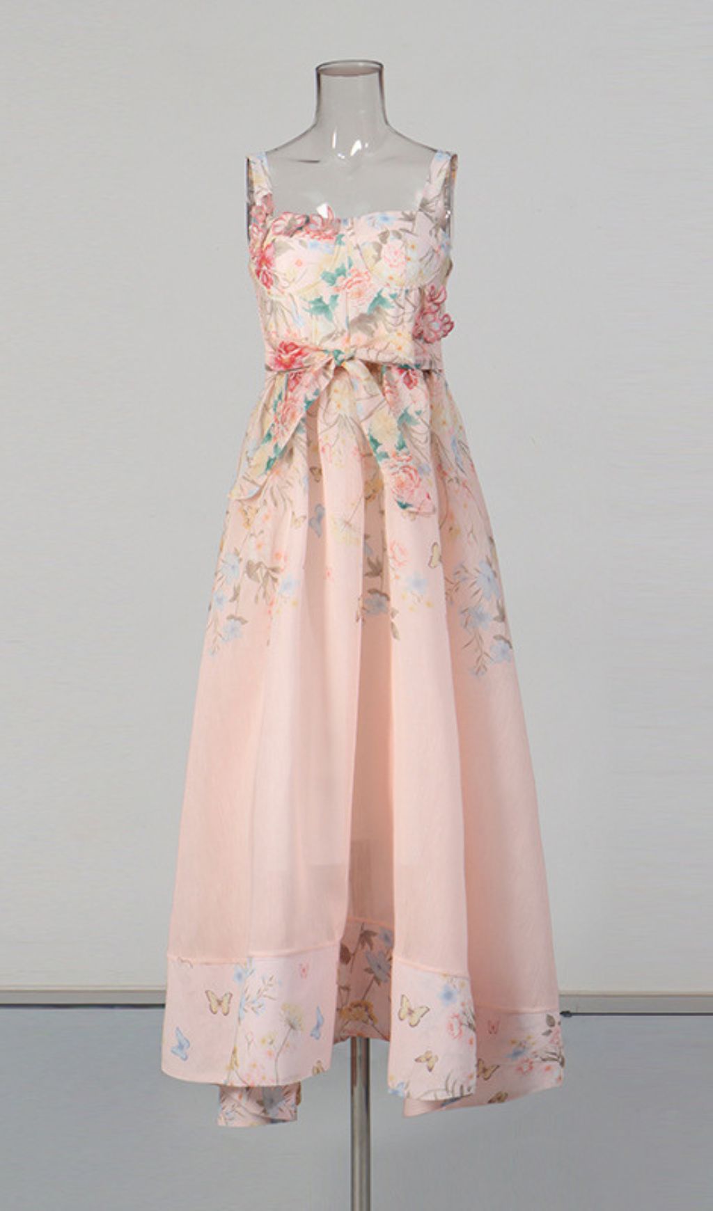 Kader Whimsical Pink Floral & Butterfly Maxi Dress - Romantic Tie-Waist Summer Gown