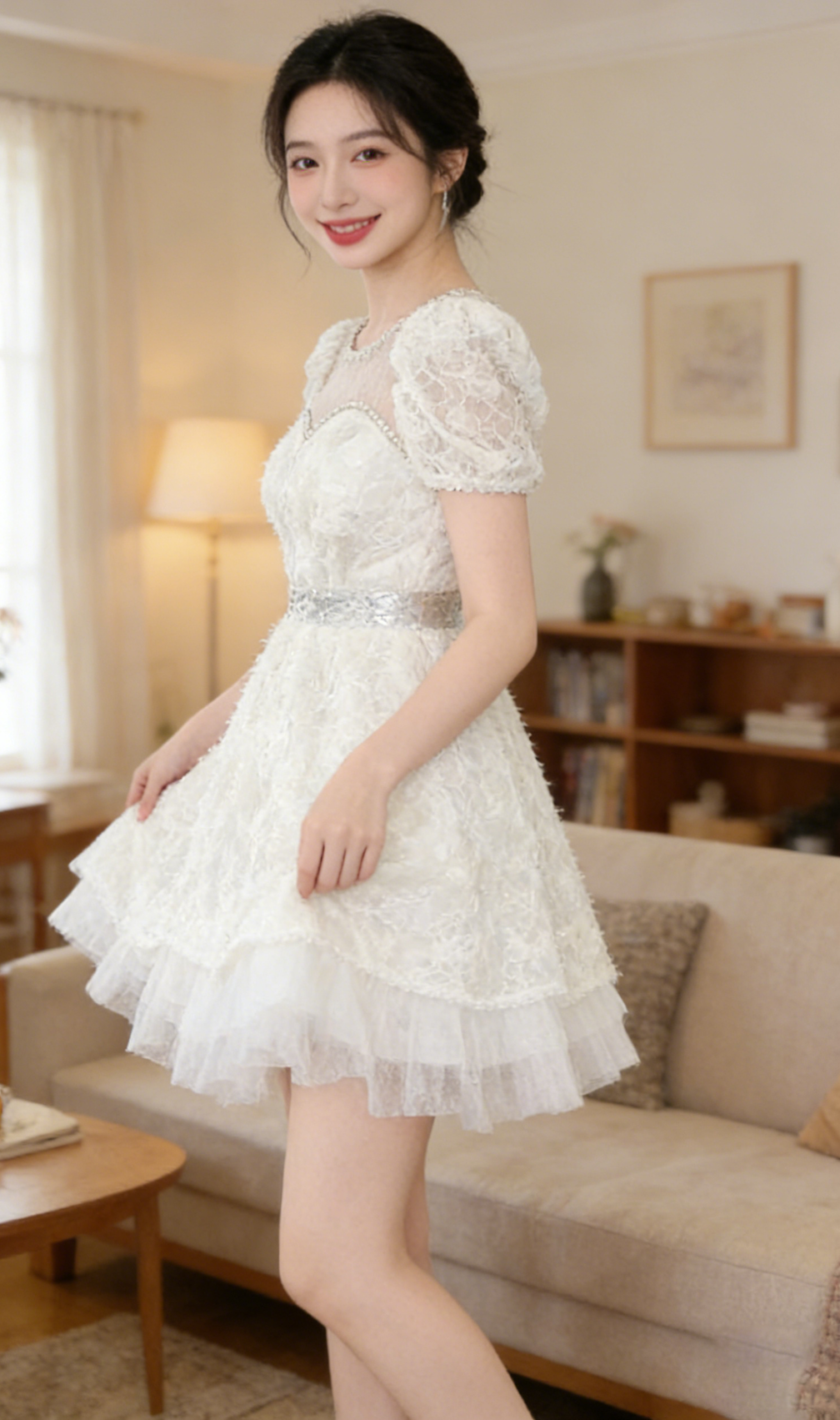 White Lace Sequin Puff Sleeve Mini Dress with Tulle Hem