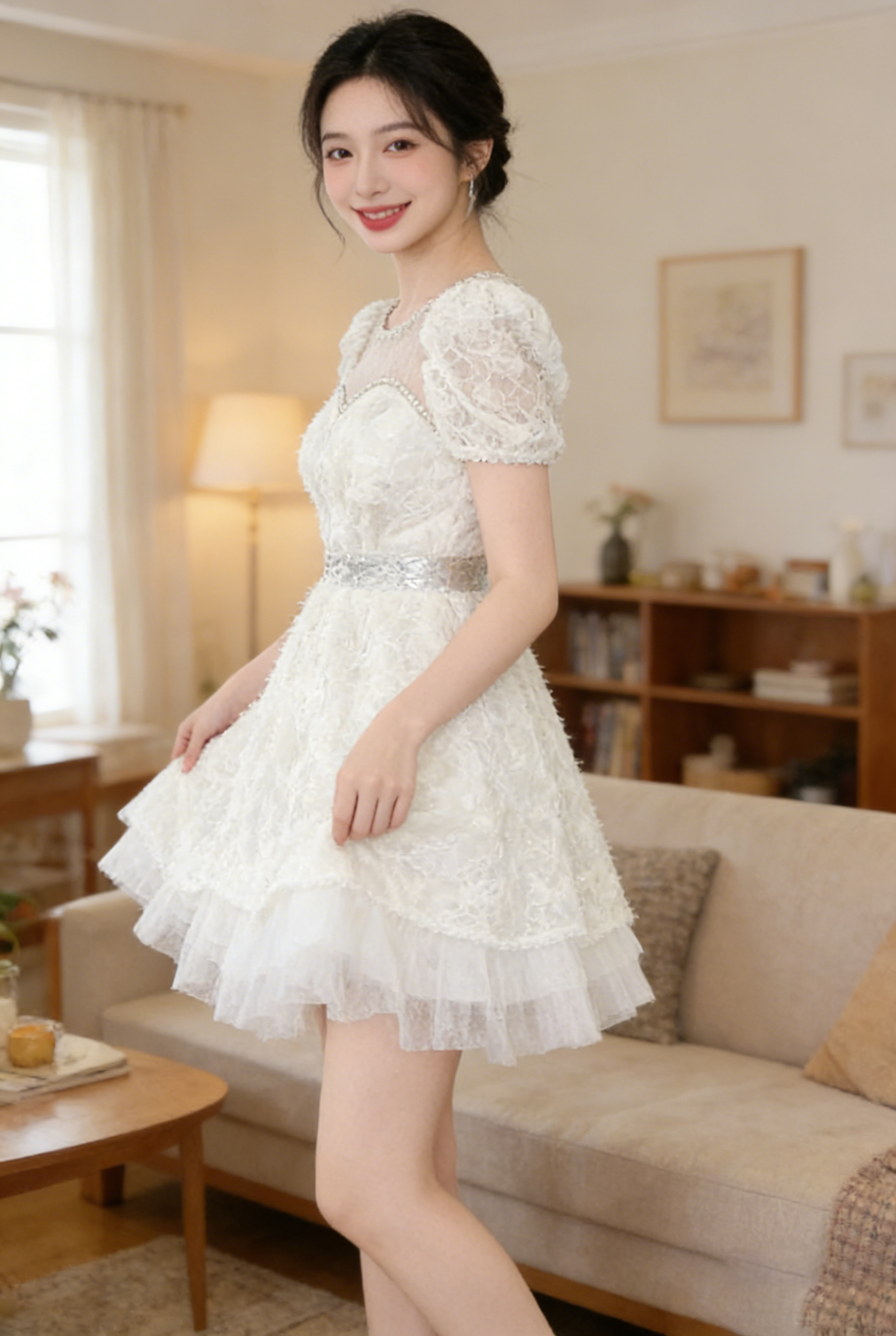 White Lace Sequin Puff Sleeve Mini Dress with Tulle Hem