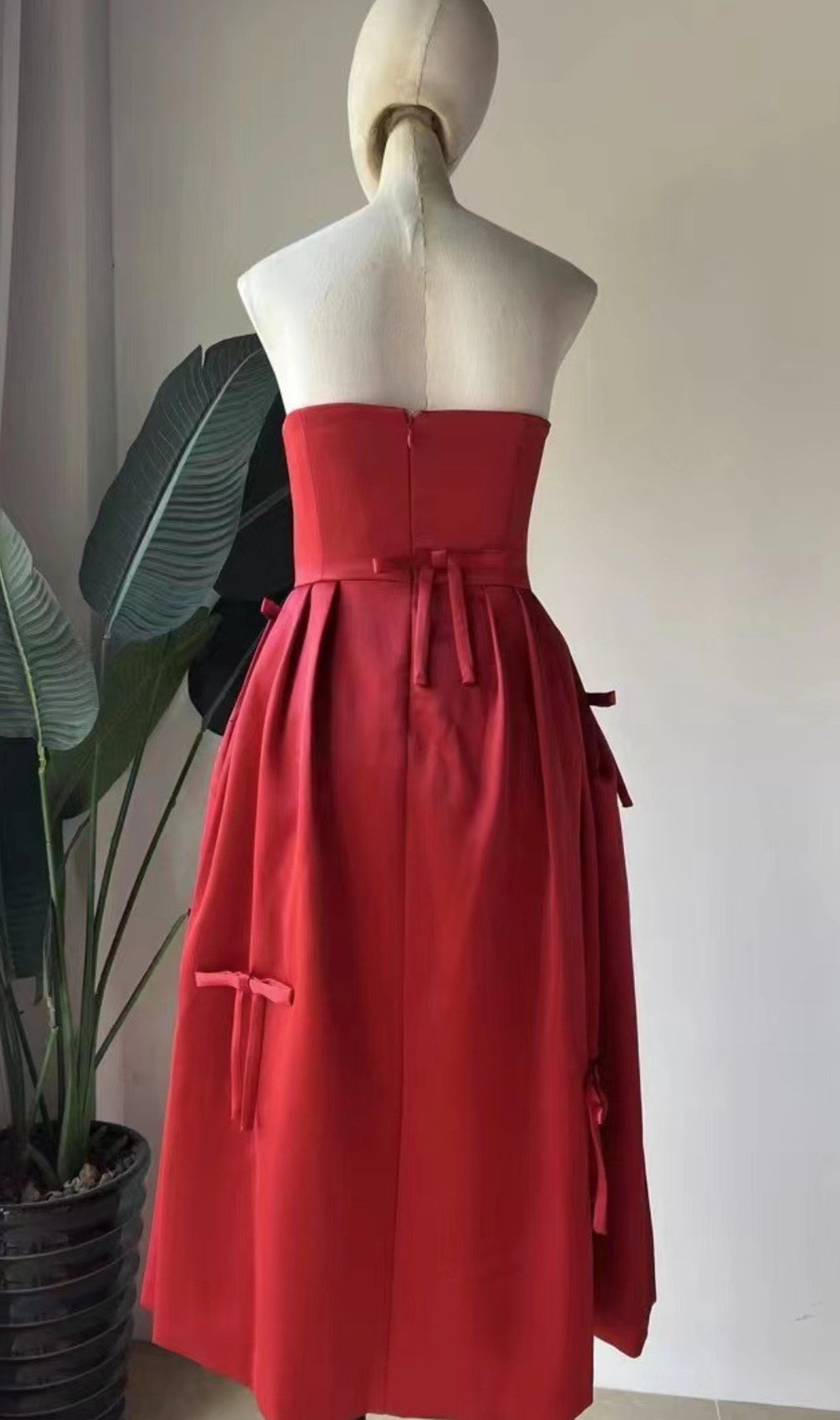 Berkant Red Strapless Bow Midi Dress