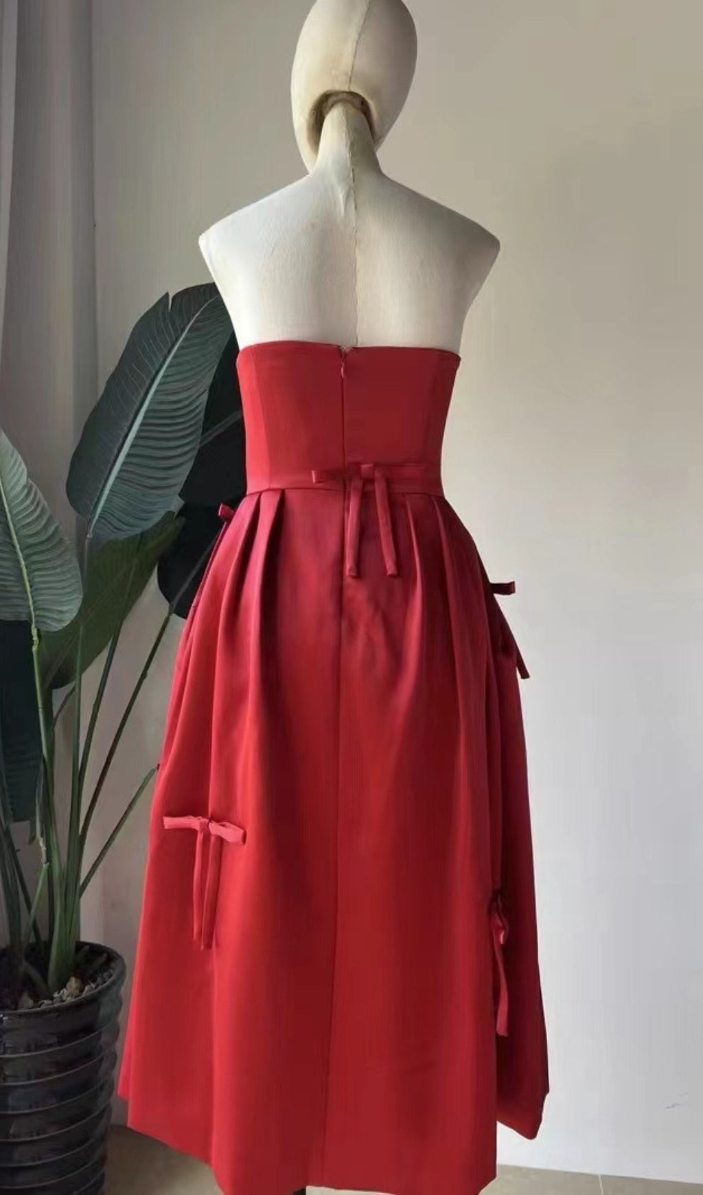 Berkant Red Strapless Bow Midi Dress