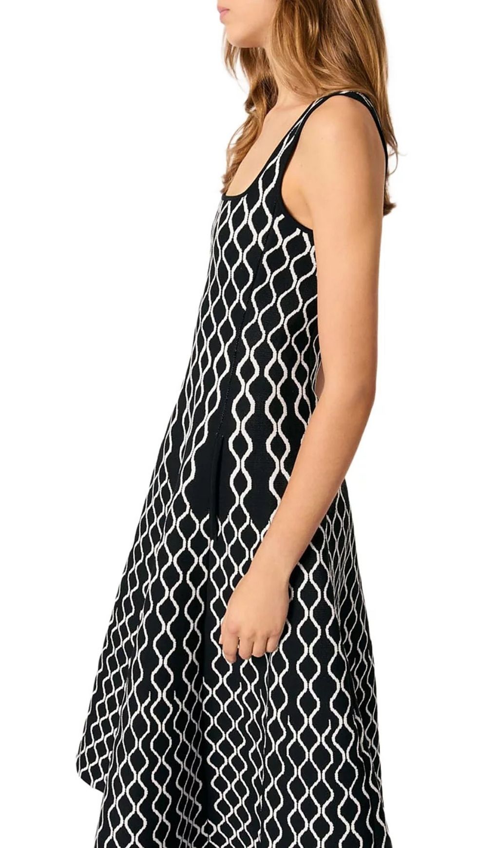 Chic Jacquard Knit Midi Dress | Black & White Square Neck Sleeveless A-Line