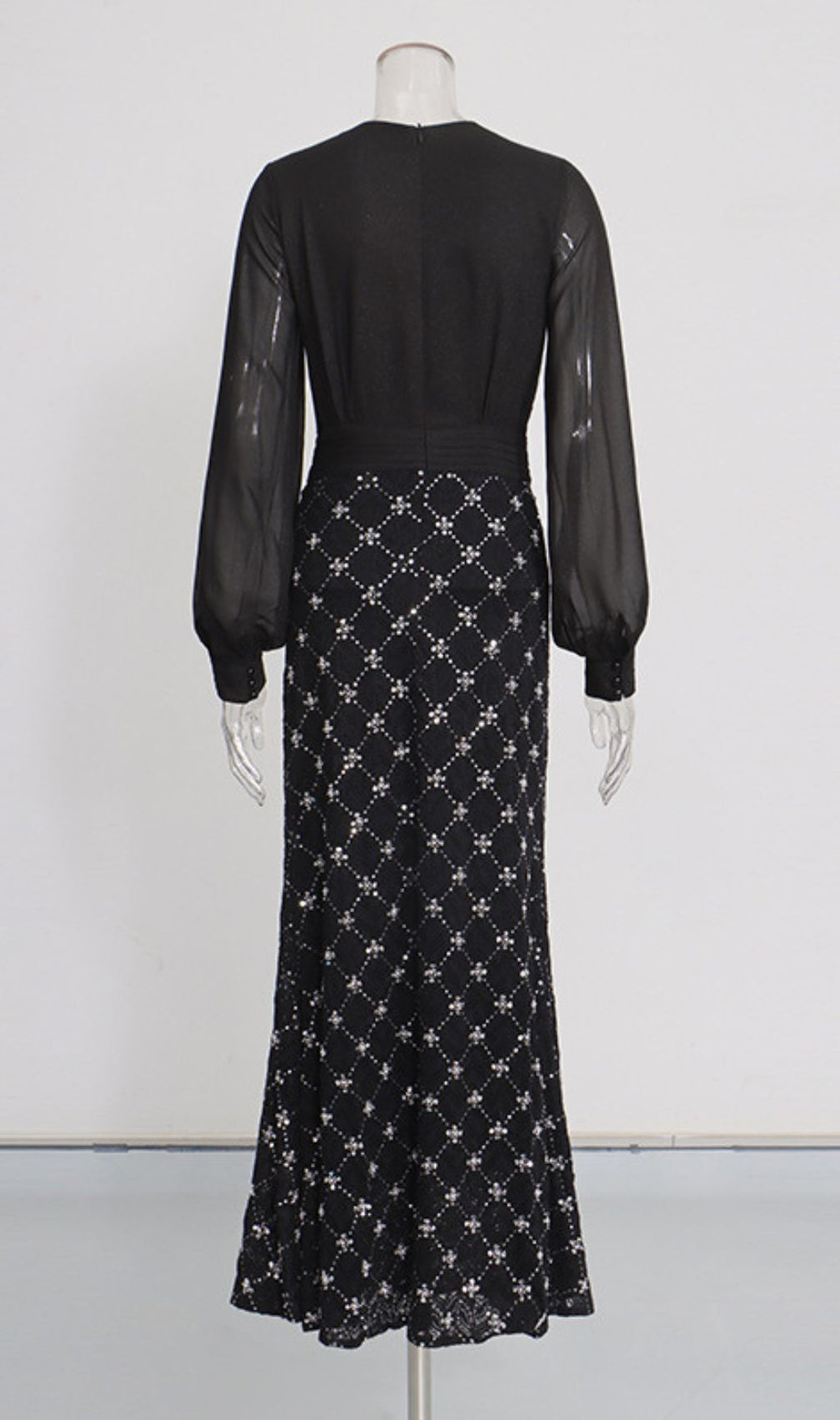 Kalonice Black Diamante Sparkle Maxi Gown - Elegant Sheer Sleeve Evening Dress