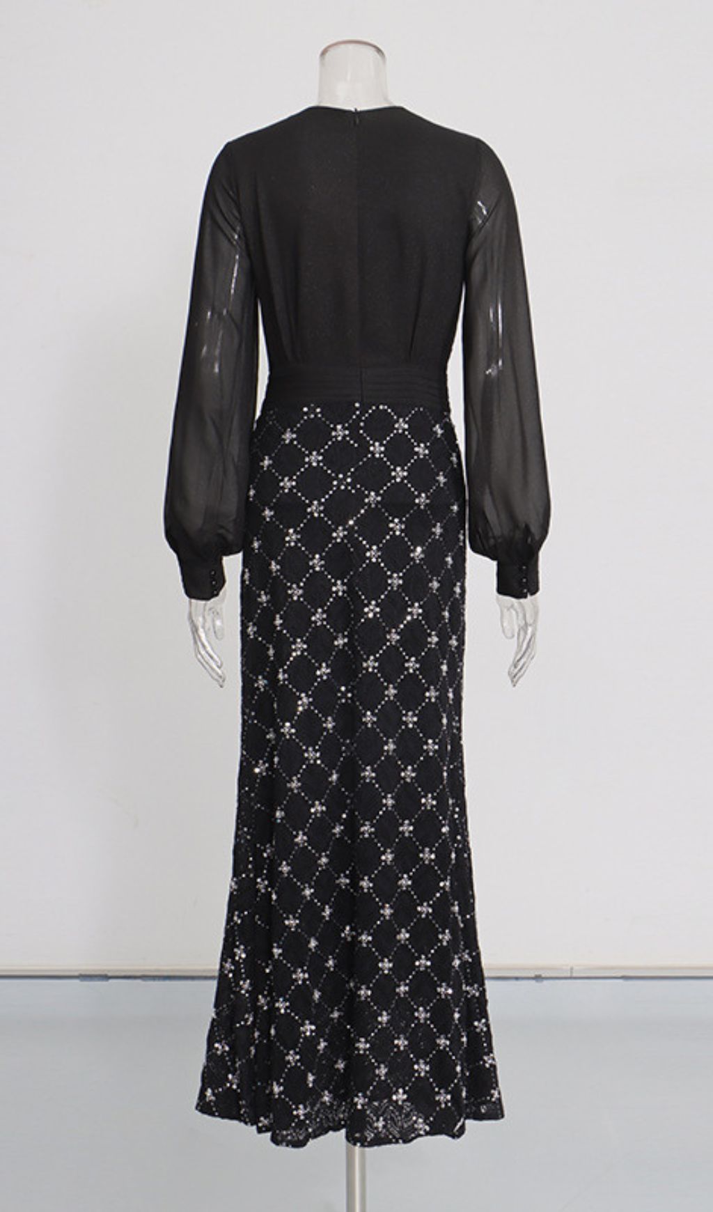 Kalonice Black Diamante Sparkle Maxi Gown - Elegant Sheer Sleeve Evening Dress