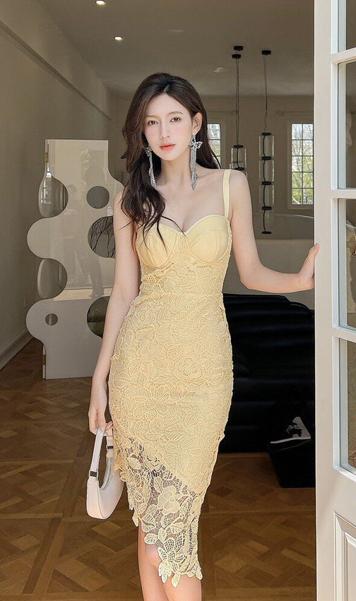 Allure & Elegance: Yellow Openwork Lace Strappy Asymmetrical Midi Dress