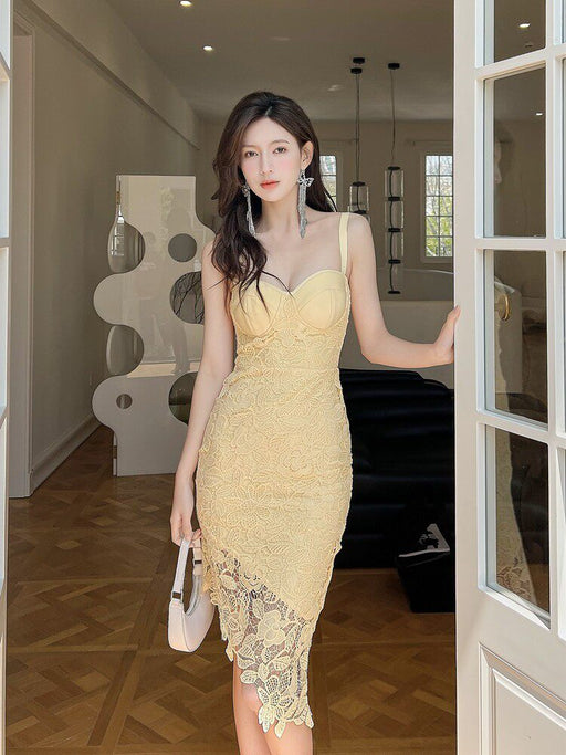 Allure & Elegance: Yellow Openwork Lace Strappy Asymmetrical Midi Dress