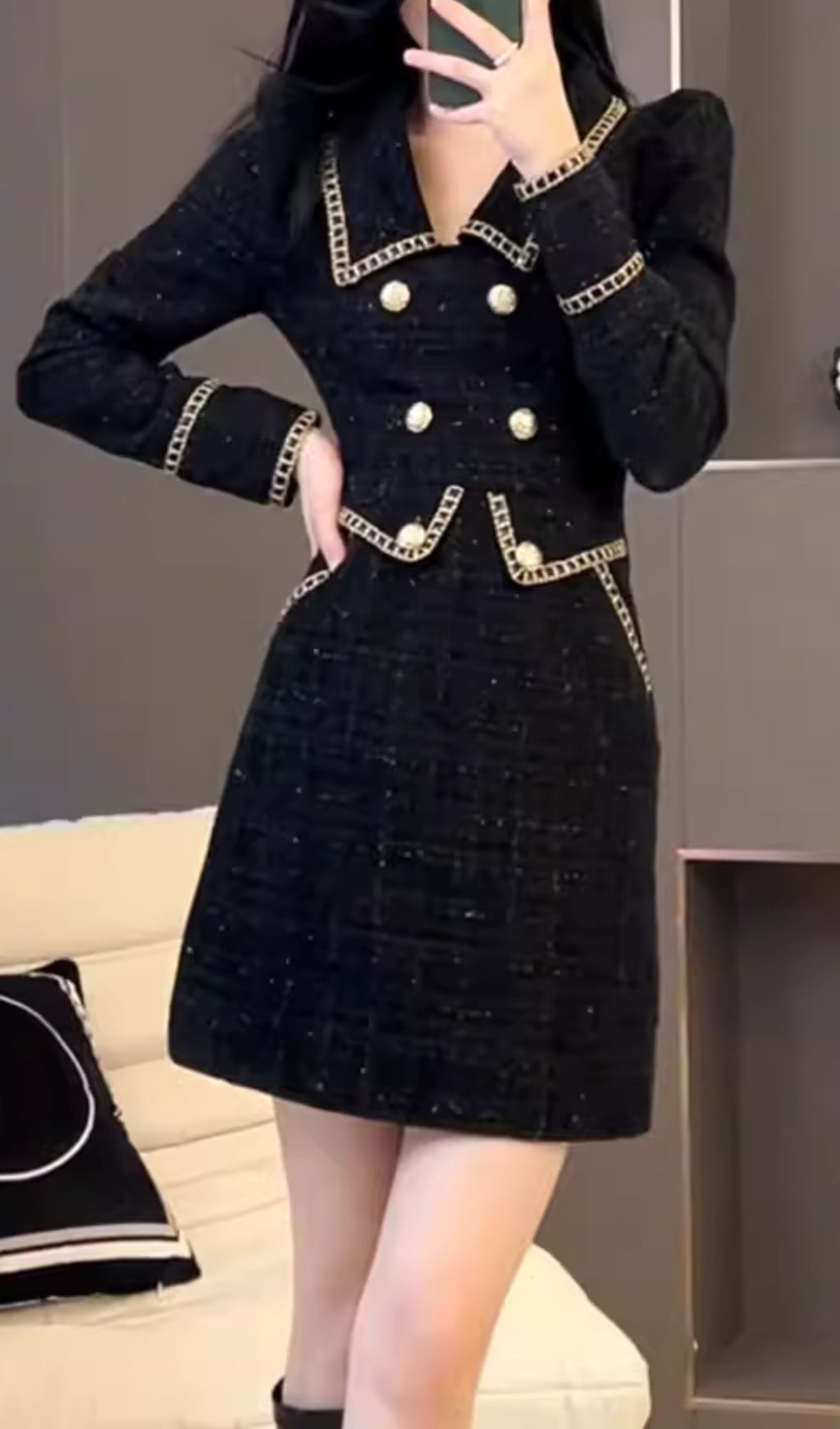 Campana Black Long Sleeve Button Mini Dress