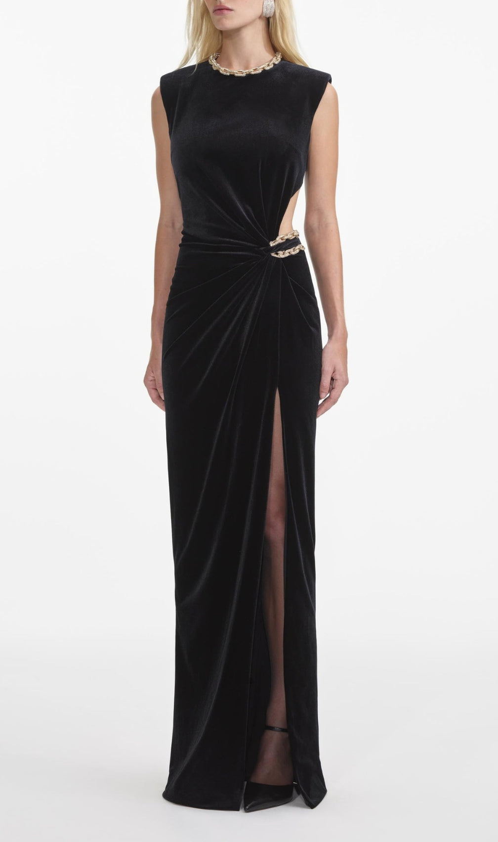 Crystal Chain Maxi Velvet Dress Black