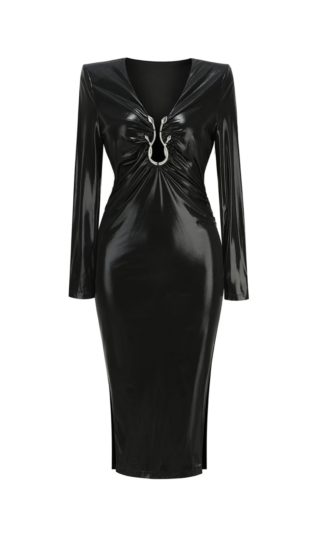 Caitlin Leather V-Neck Long Sleeve Midi Dress