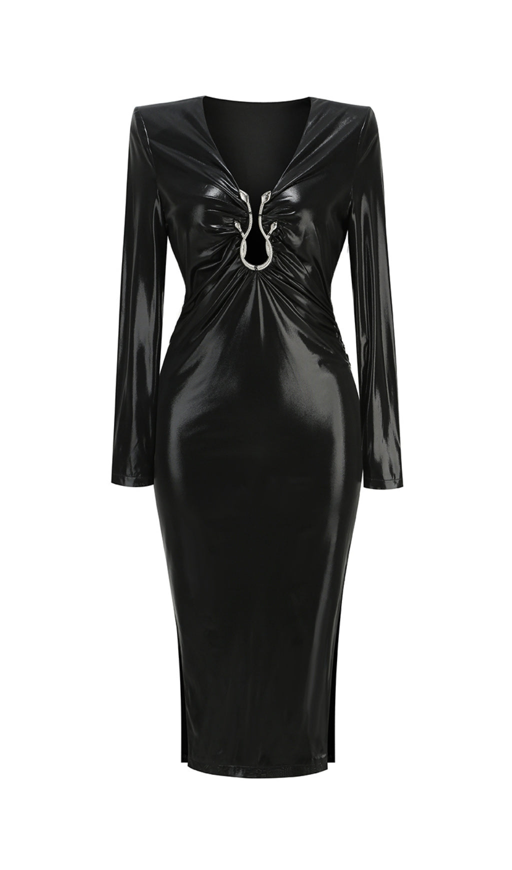 Caitlin Leather V-Neck Long Sleeve Midi Dress