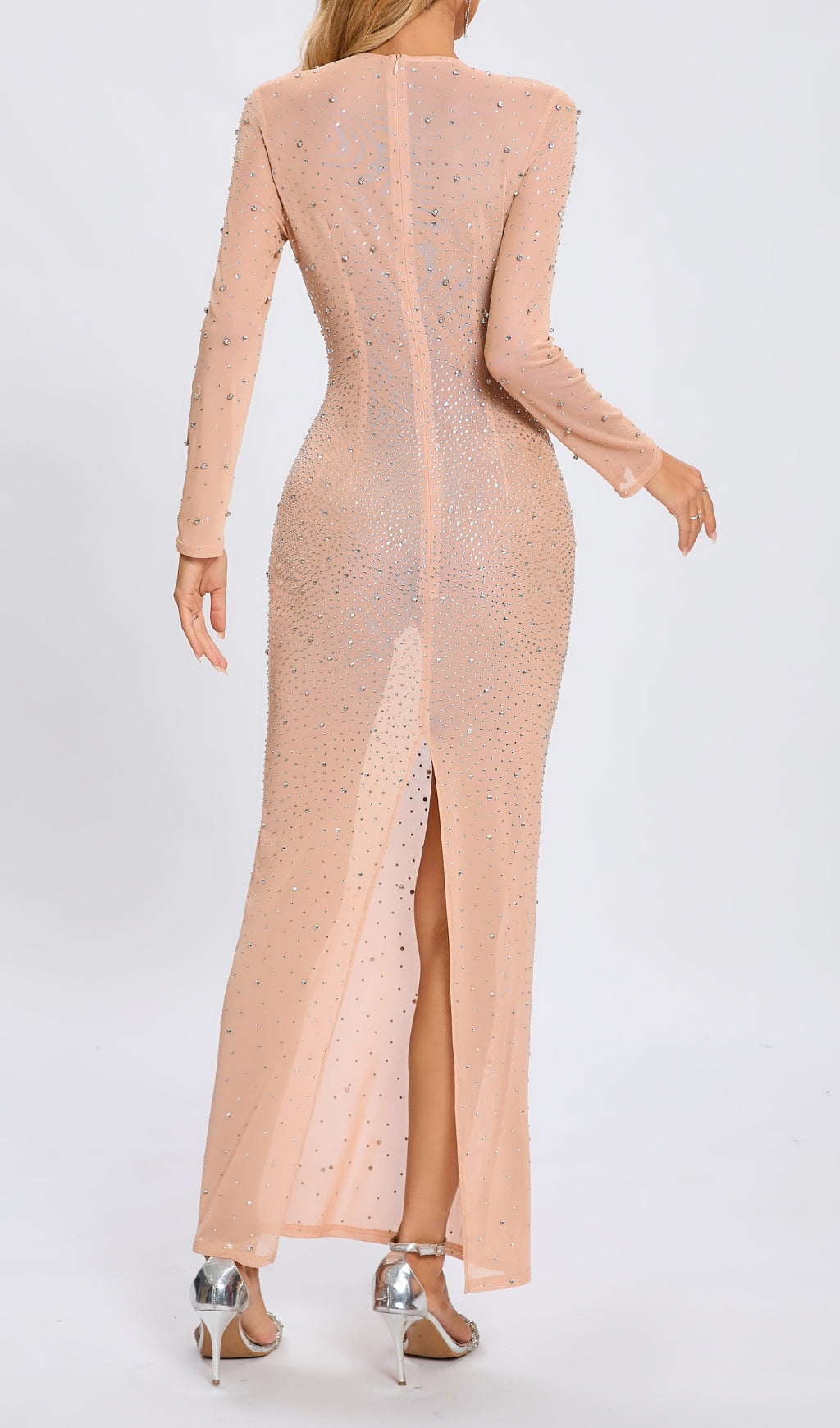 Nude Long Sleeve Crystal Mesh Maxi Dress