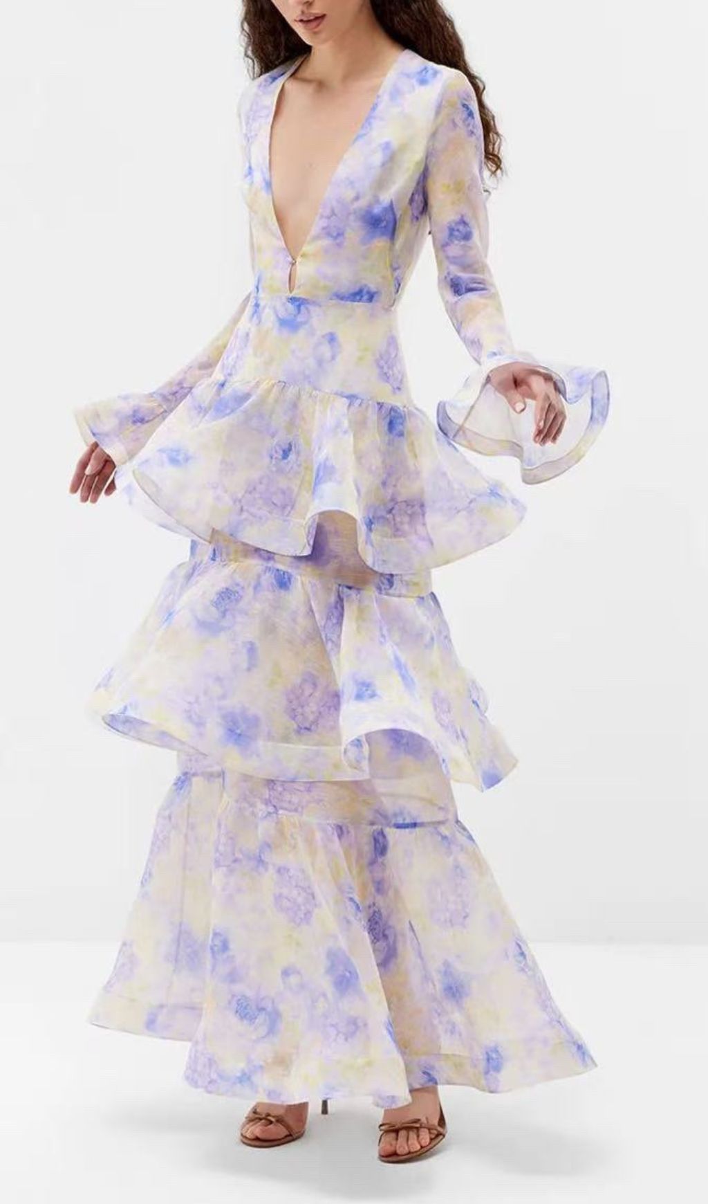 Enfys Blue Long Sleeve Printed Maxi Dress