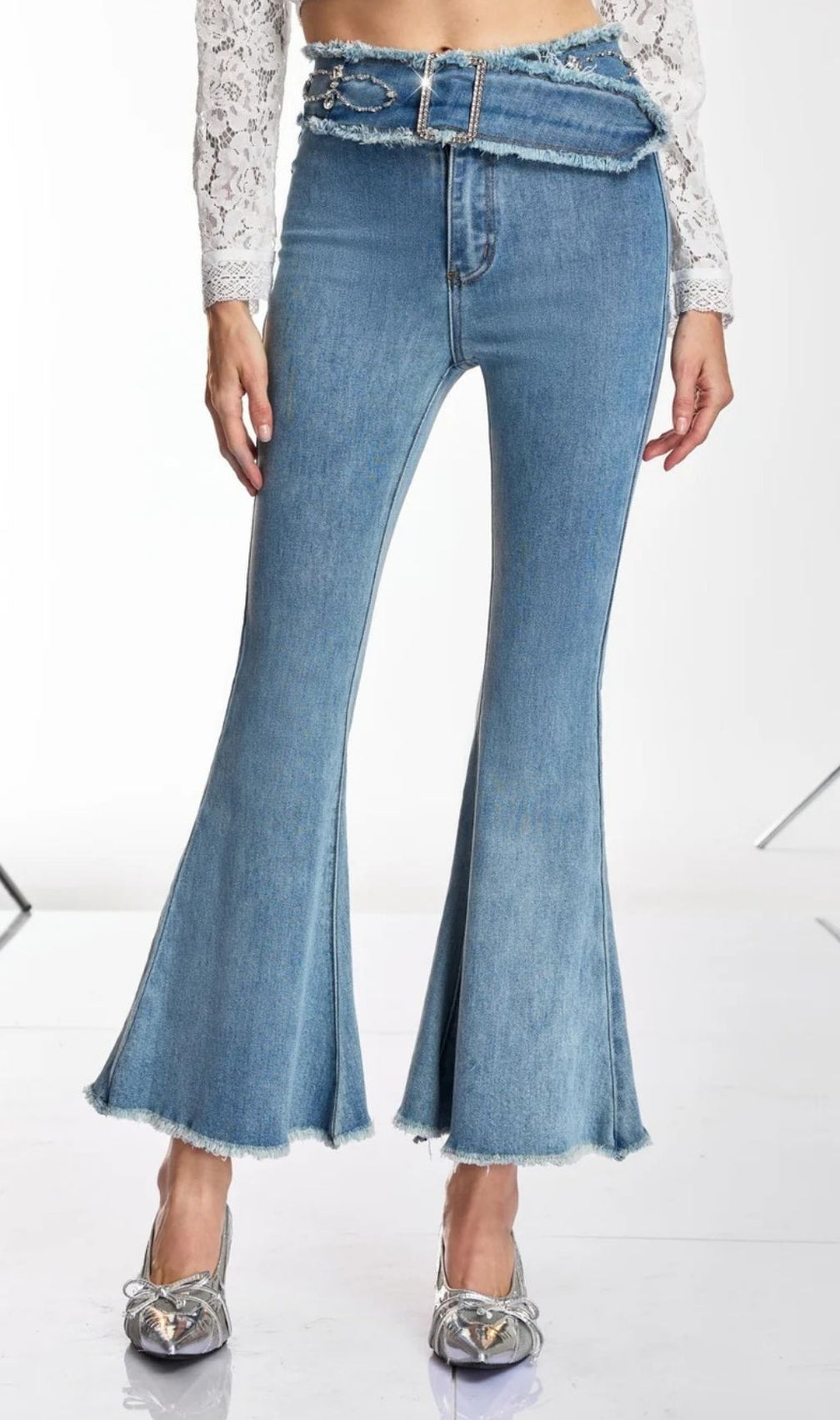 Danette Rhinestone Belted Flare Jeans - High-Waisted Glam Denim