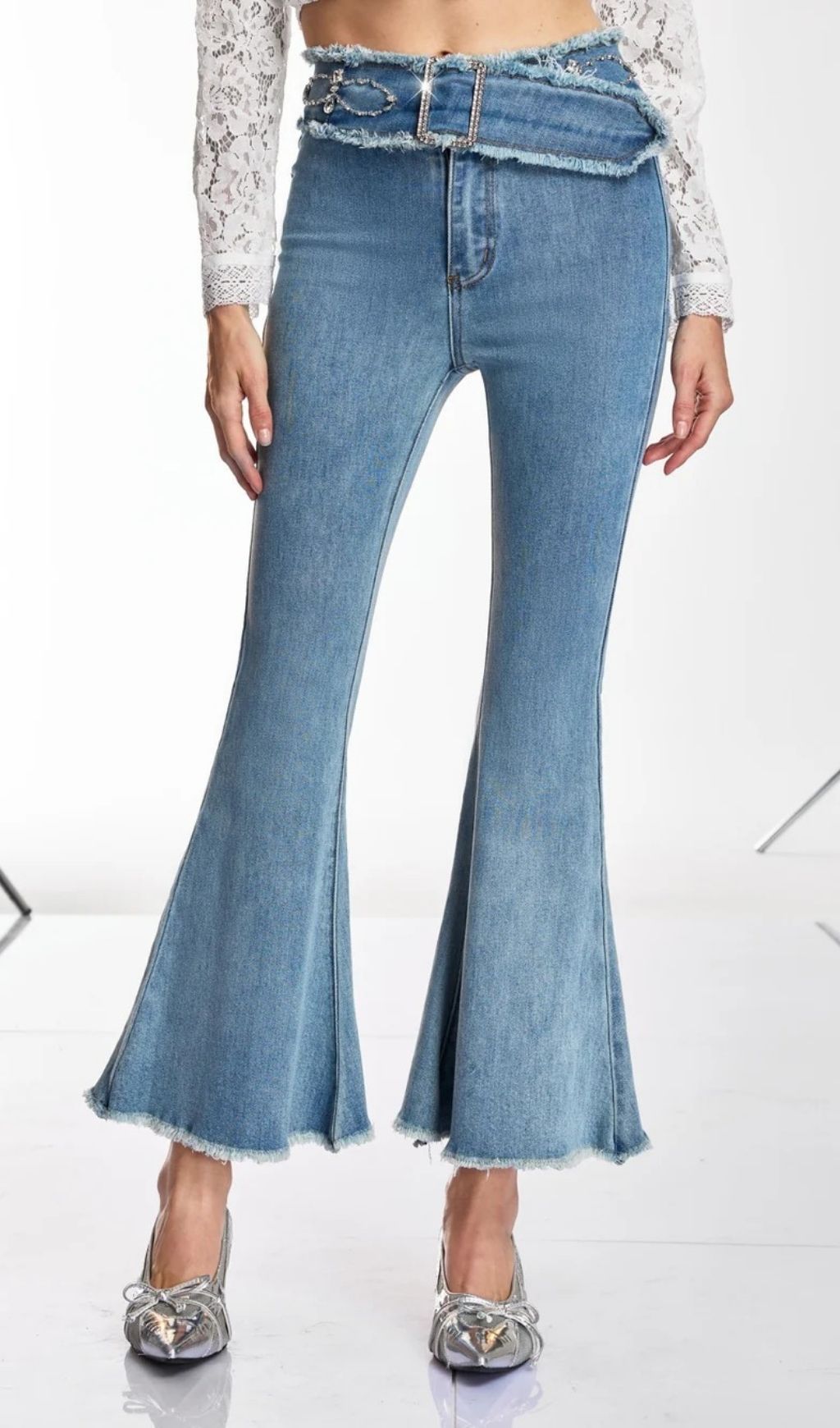 Danette Rhinestone Belted Flare Jeans - High-Waisted Glam Denim