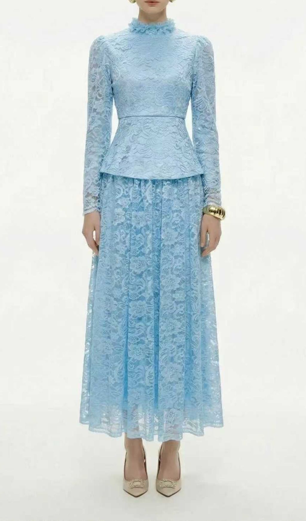 Kaylynn | Elegant Lace Long-Sleeve Peplum Top & Midi Skirt Set