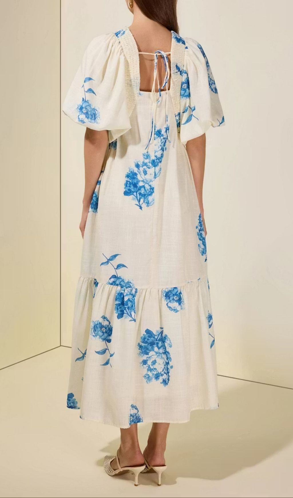 Susie Print Smocking Puff Sleeve Midi Dress - Blue