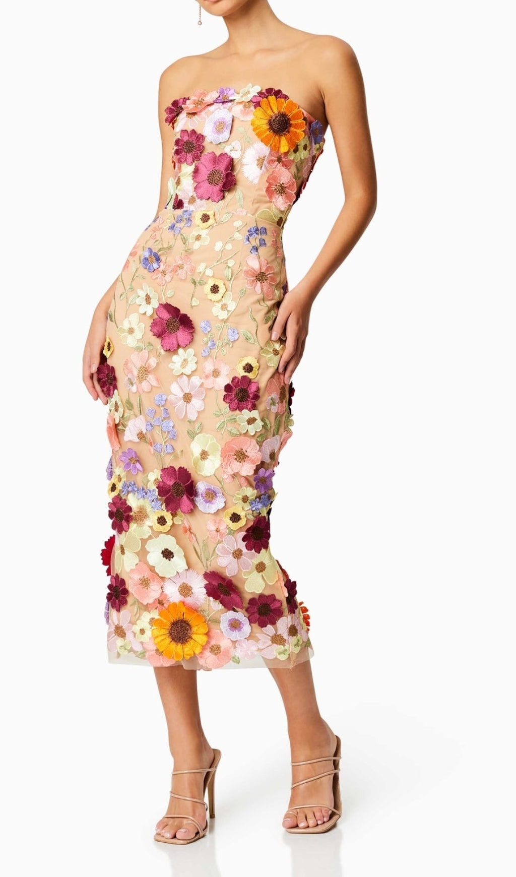 Adonica 3D Flower Strapless Midi Dress