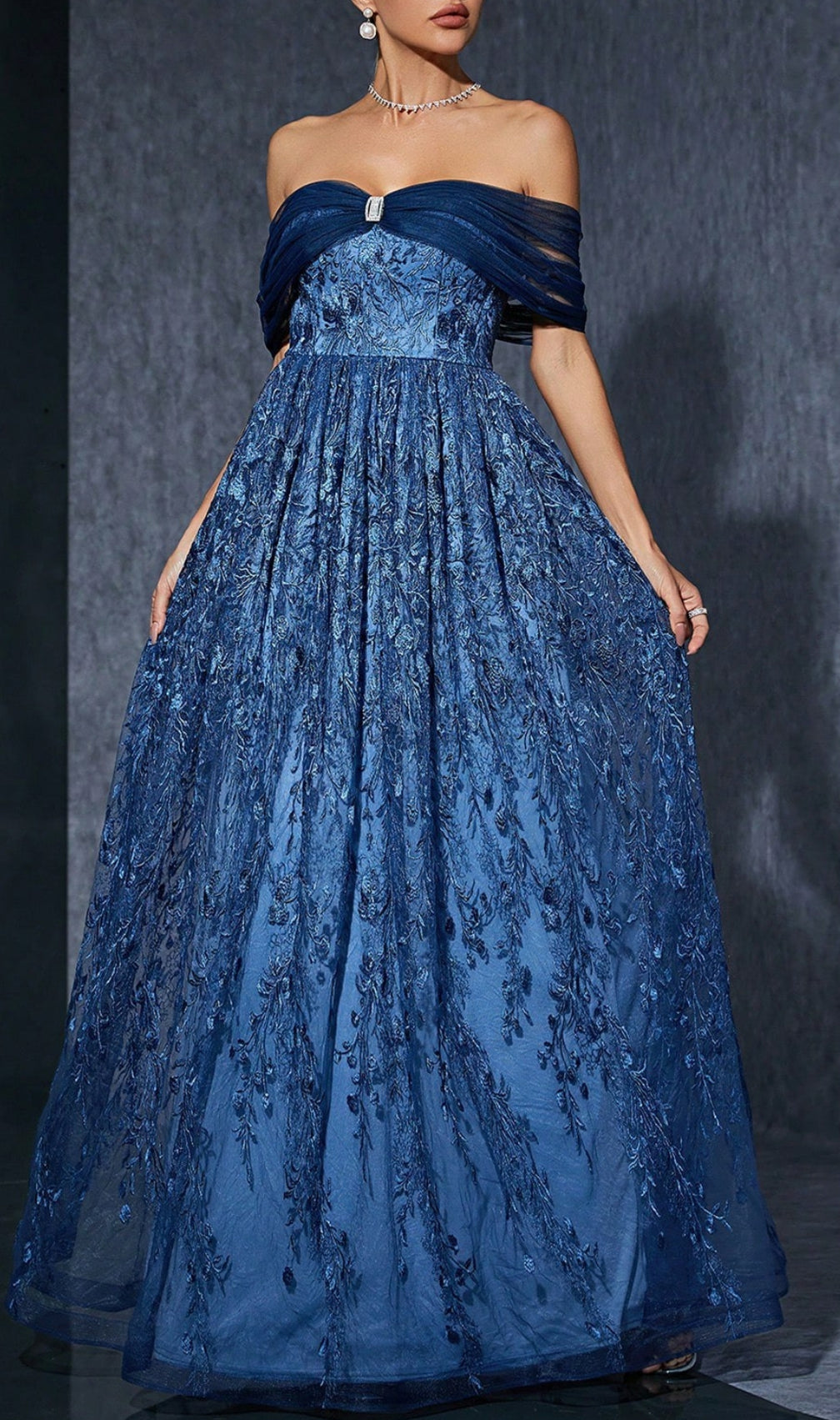 Dionne Navy Off-Shoulder Floral Embroidery Maxi Dress