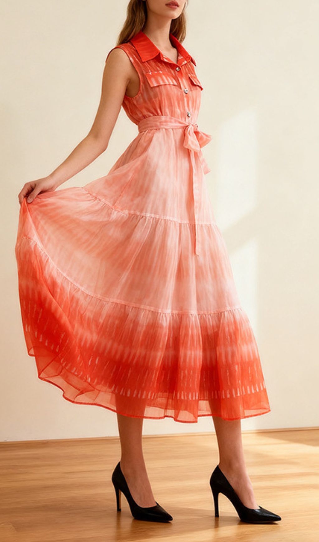 Isi Ombre Tie-Dye Sleeveless Midi Dress - Flowy Tiered Shirtdress