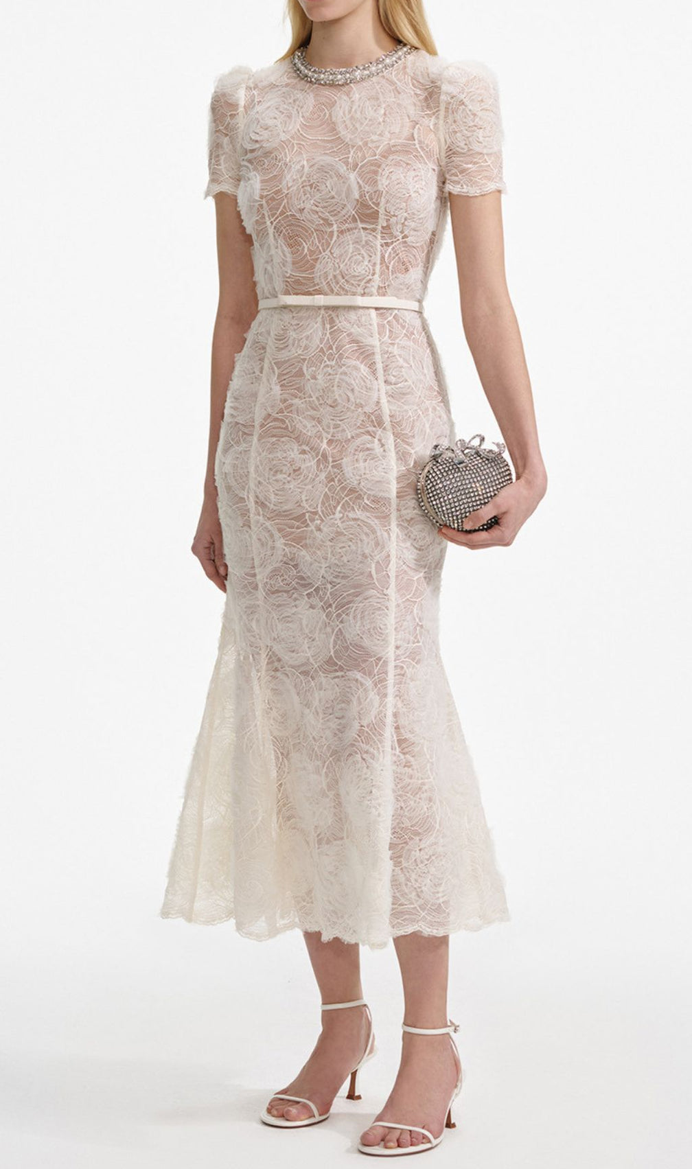Finola White Lace Flower Midi Dress