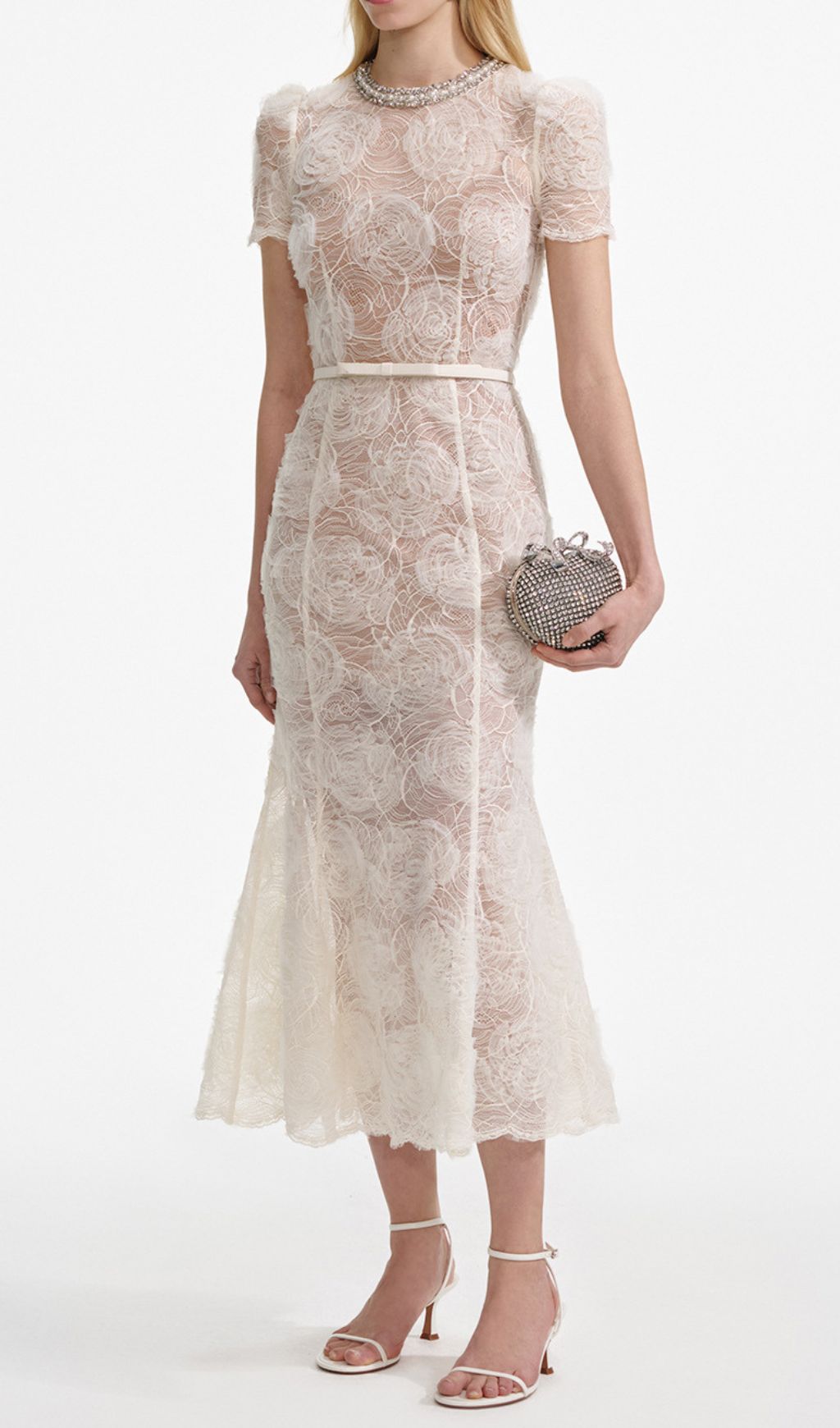 Finola White Lace Flower Midi Dress