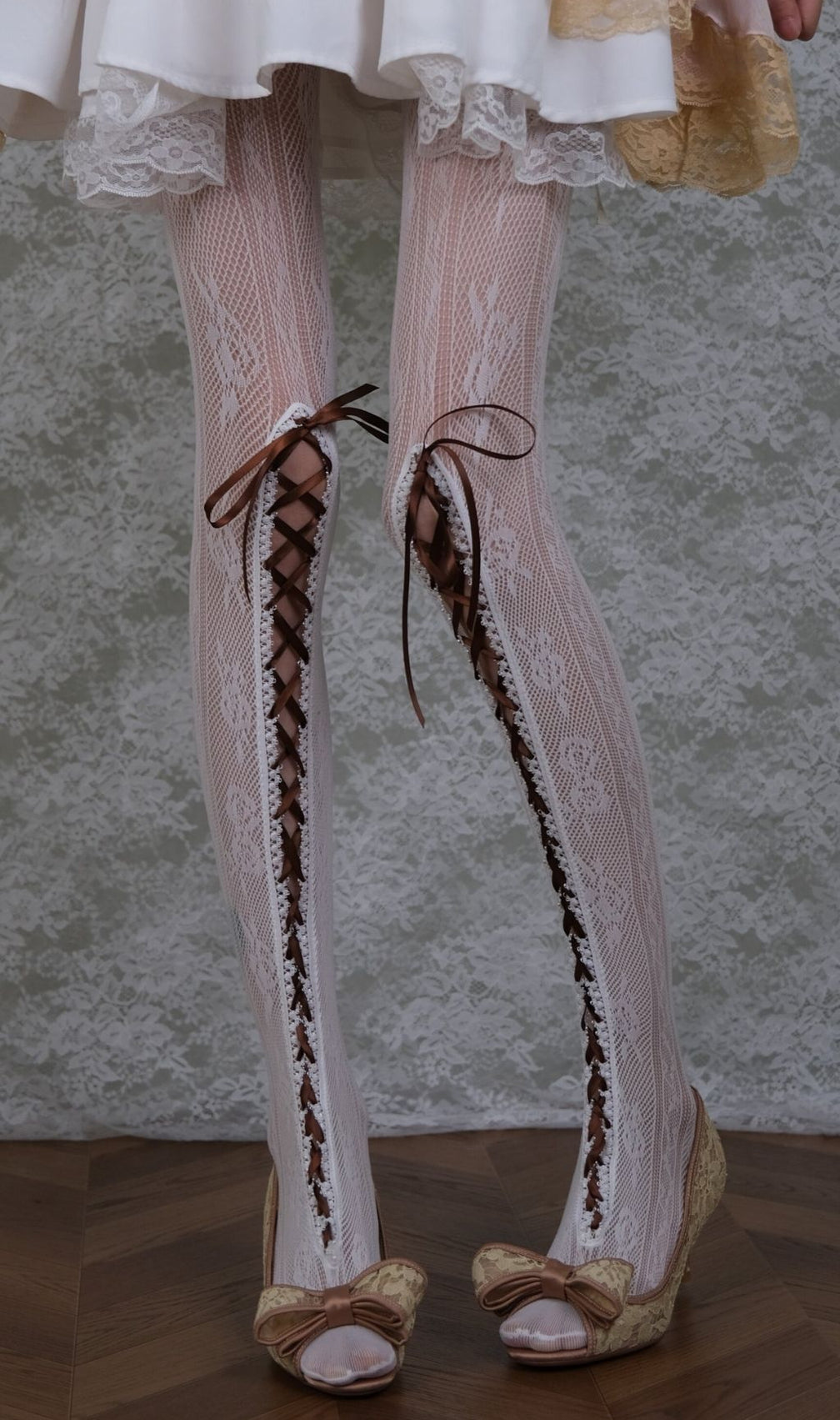 White Lace & Brown Lace-up Tights