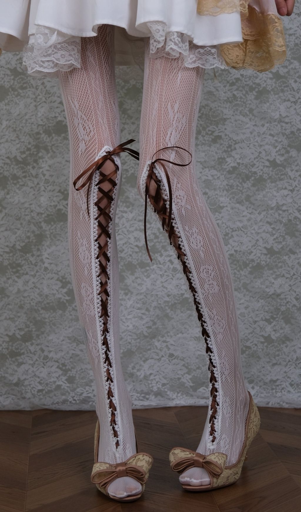 White Lace & Brown Lace-up Tights