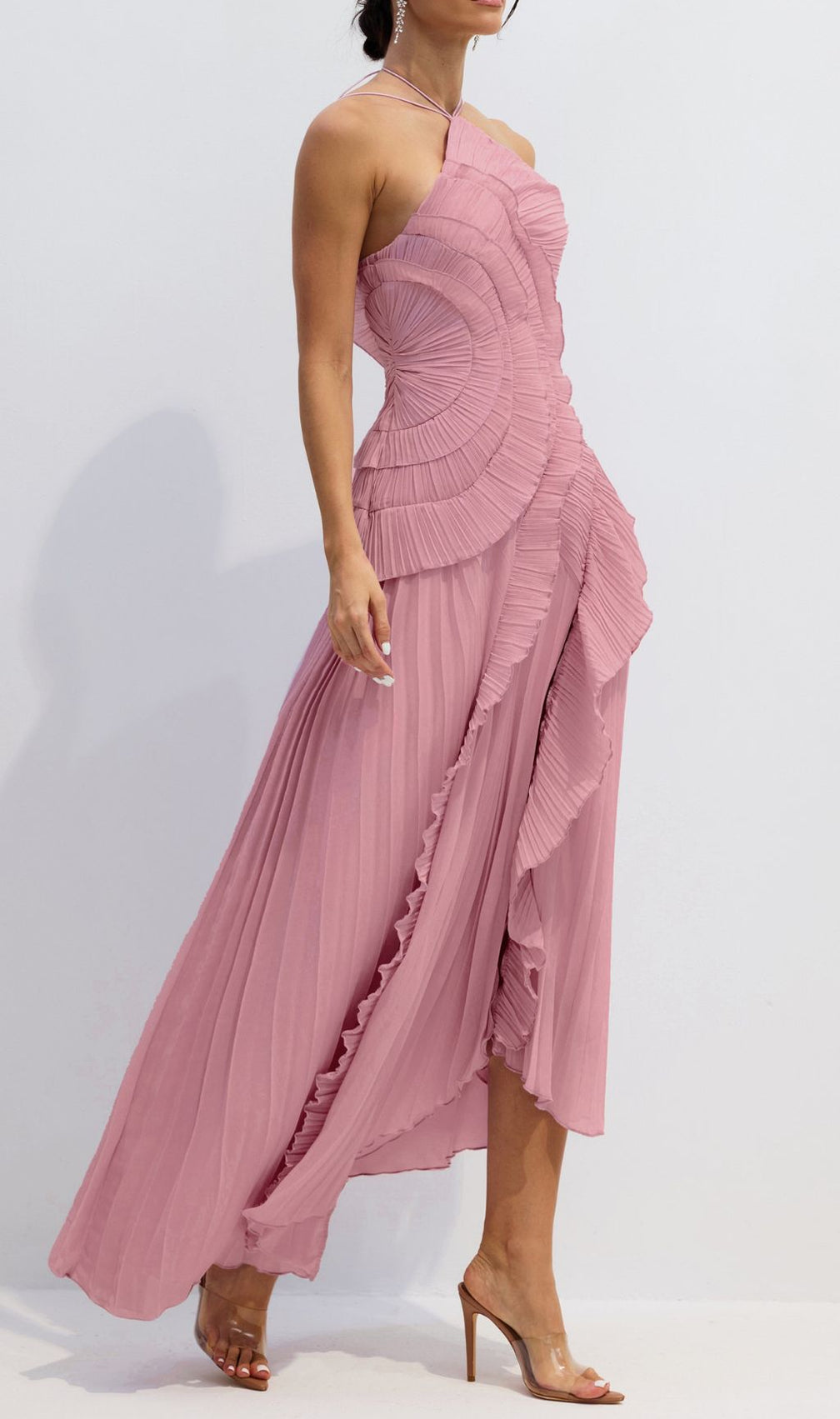 Finneas Pink Halter Pleated Maxi Dress
