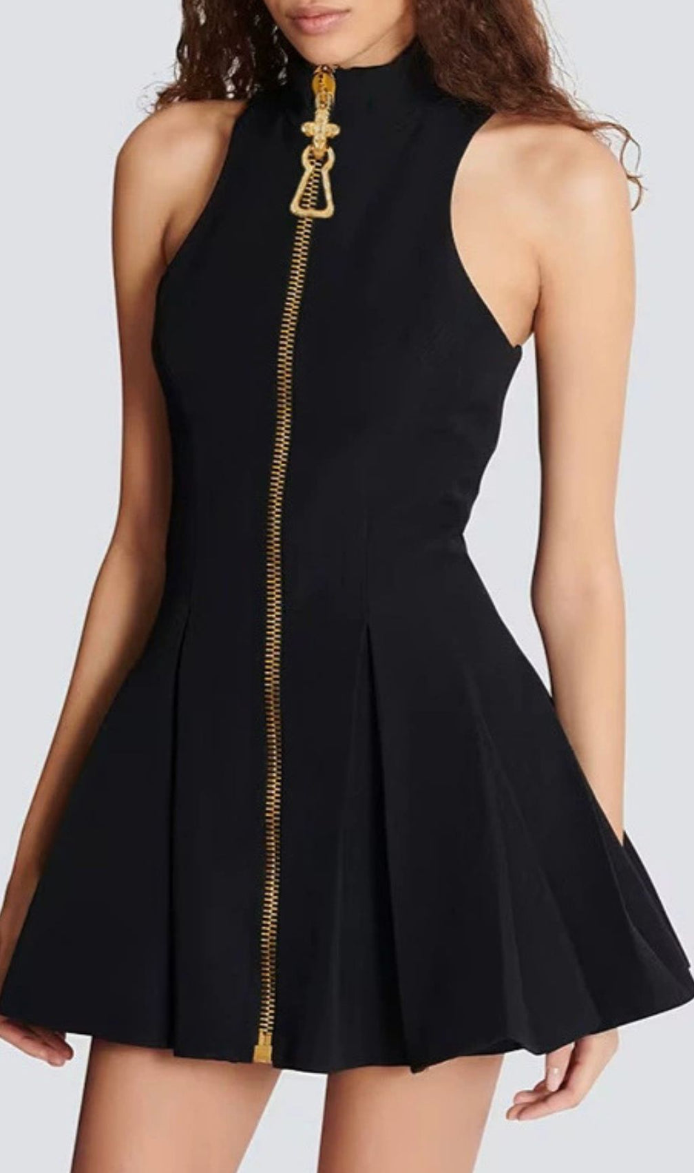 Idola Black High-Neck Mini Dress | Statement Gold Zipper Sleeveless LBD