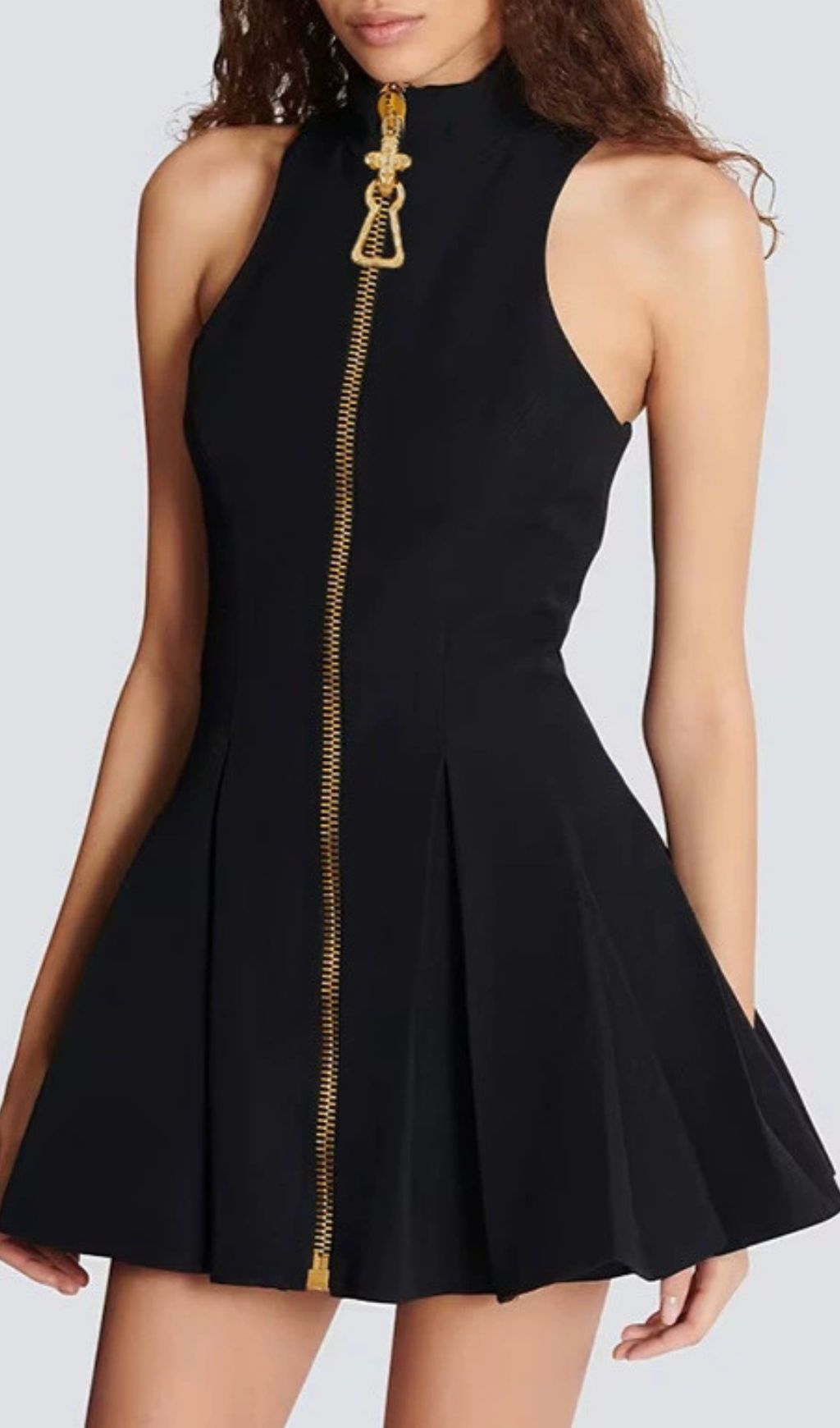Idola Black High-Neck Mini Dress | Statement Gold Zipper Sleeveless LBD
