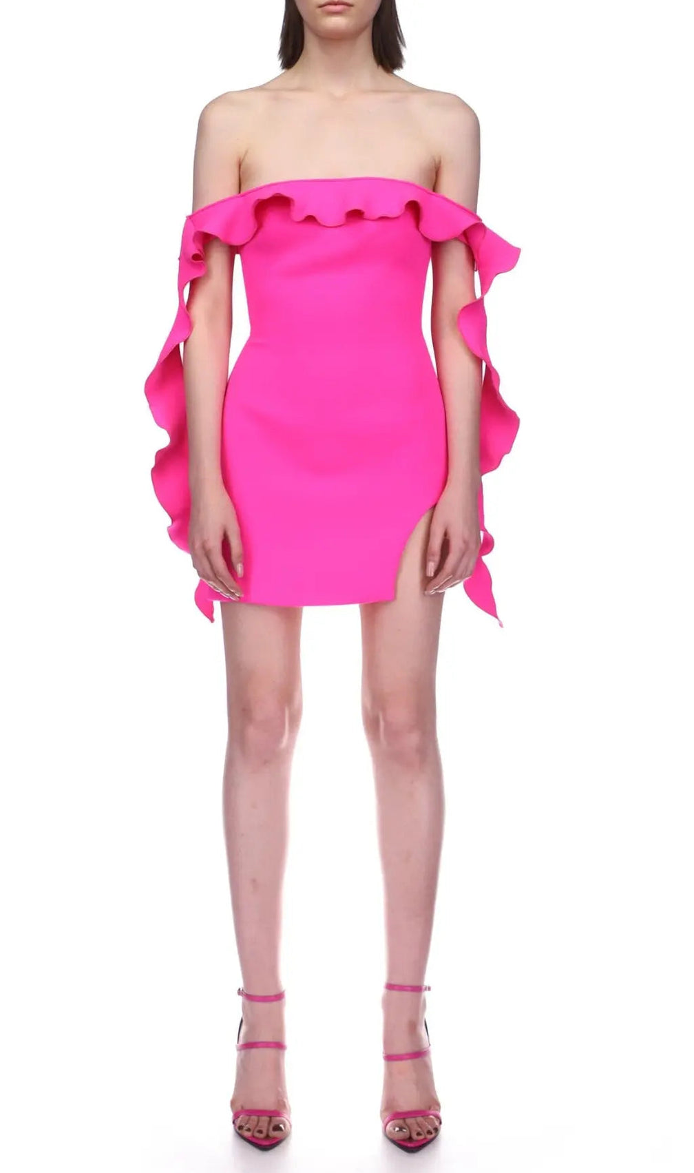 Pink Ruffled Off The-Shoulder Mini Bandage Dress