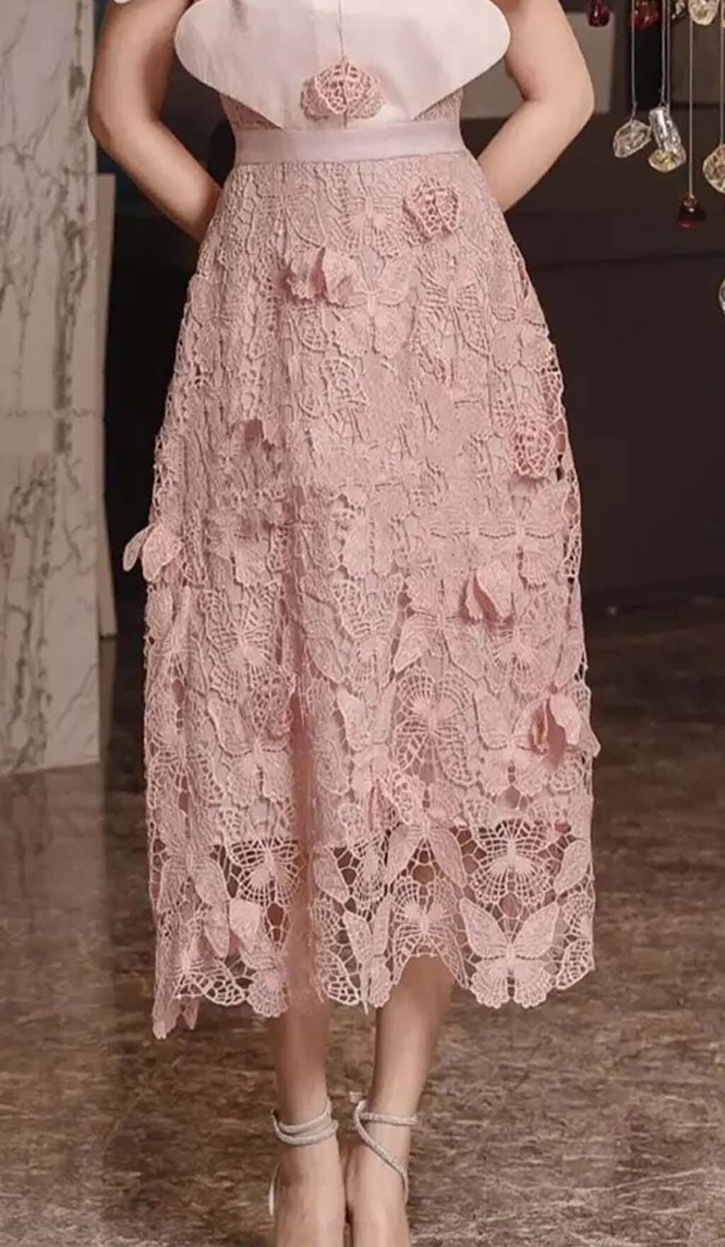 Butterfly Embroidery Cloak Sleeve Midi Dress In Pink