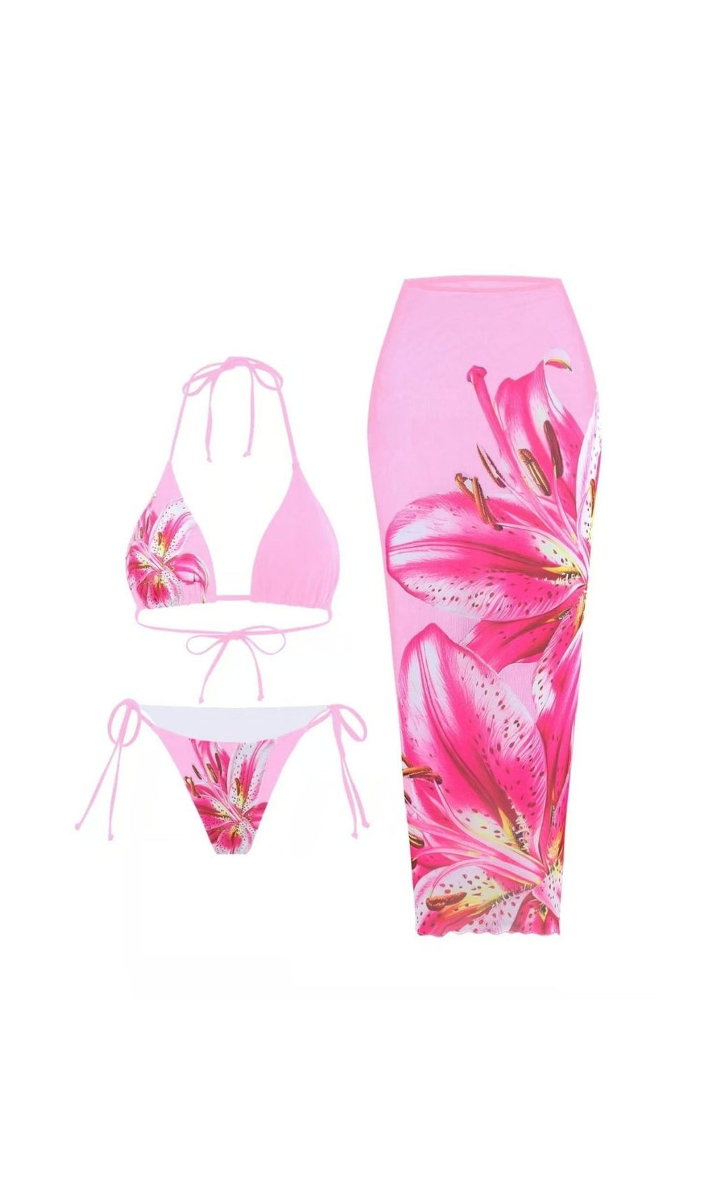 Grynn Pink Tropical Floral 3-Piece Halter Bikini & Maxi Sarong Set