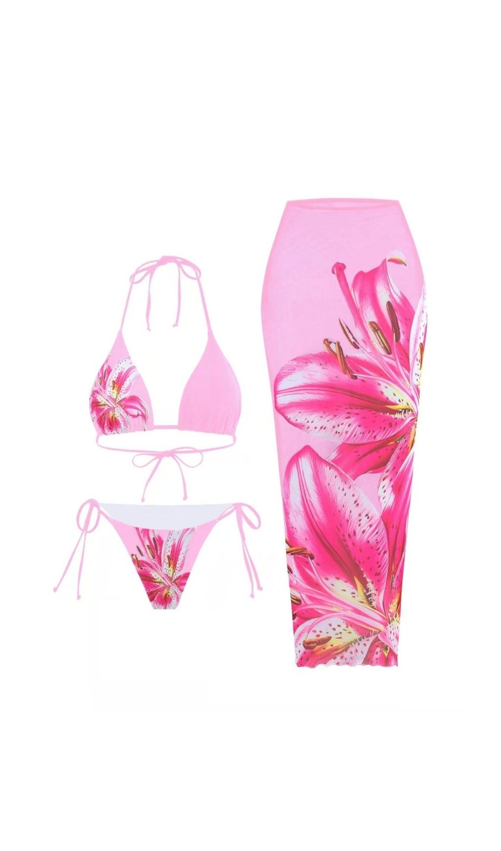 Grynn Pink Tropical Floral 3-Piece Halter Bikini & Maxi Sarong Set