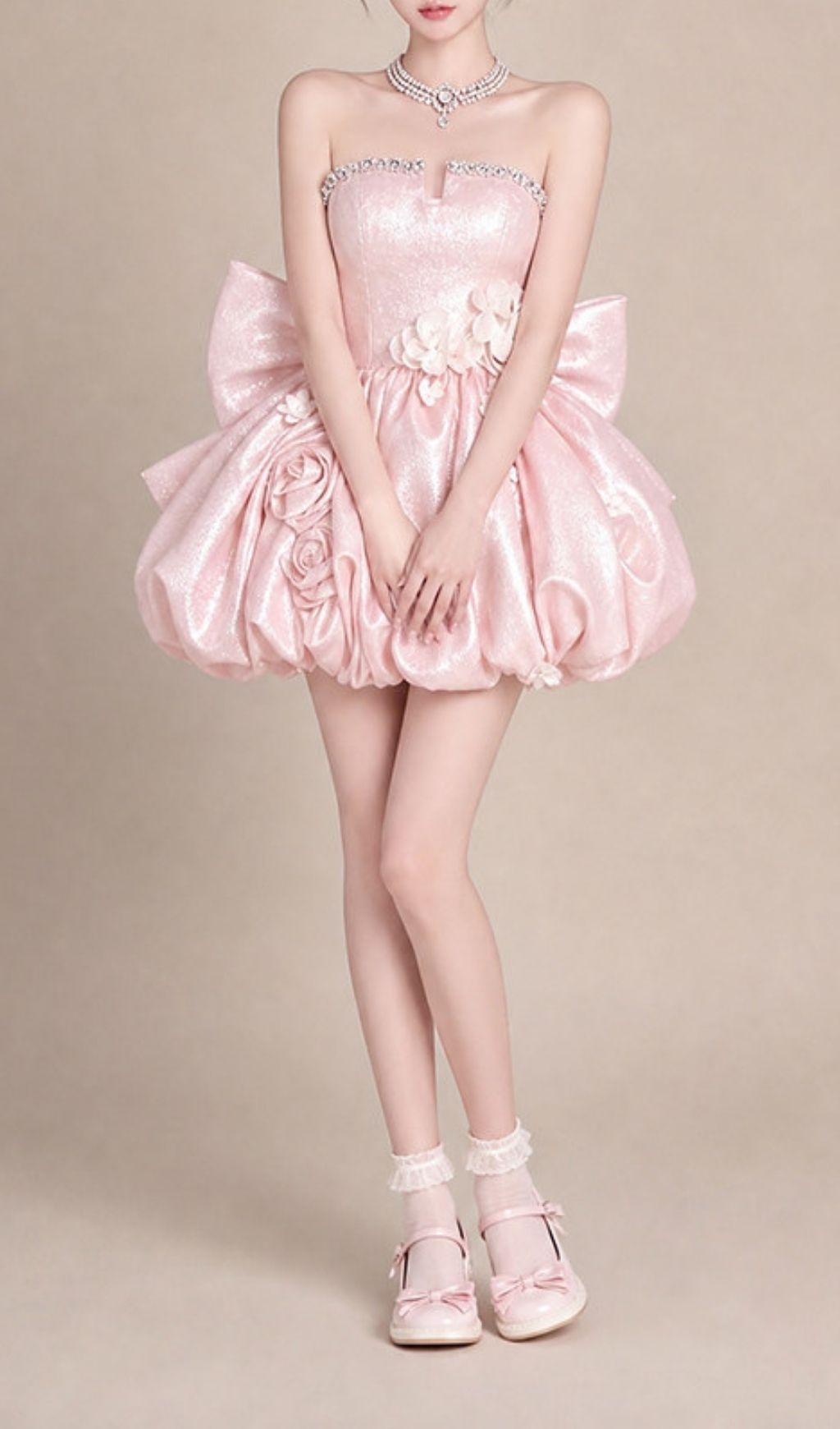 Krishika Pink Strapless Flower Bow Mini Dress