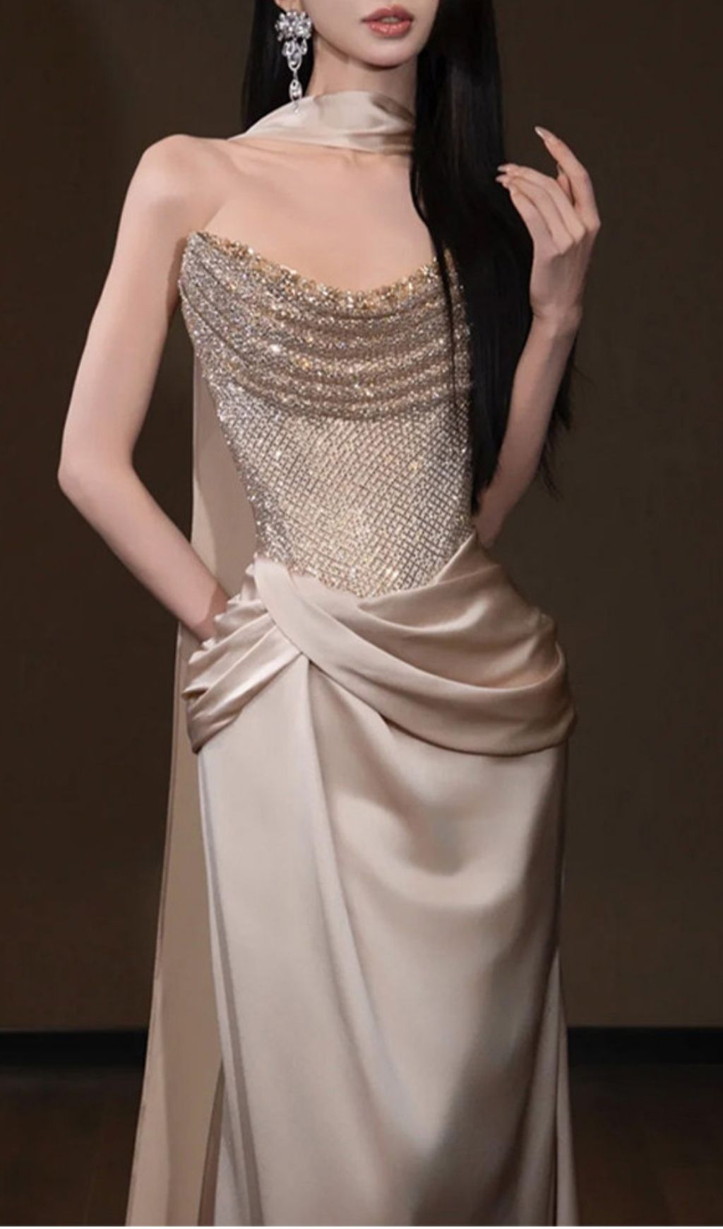 Krystal Champagne Strapless Ruched Maxi Dress