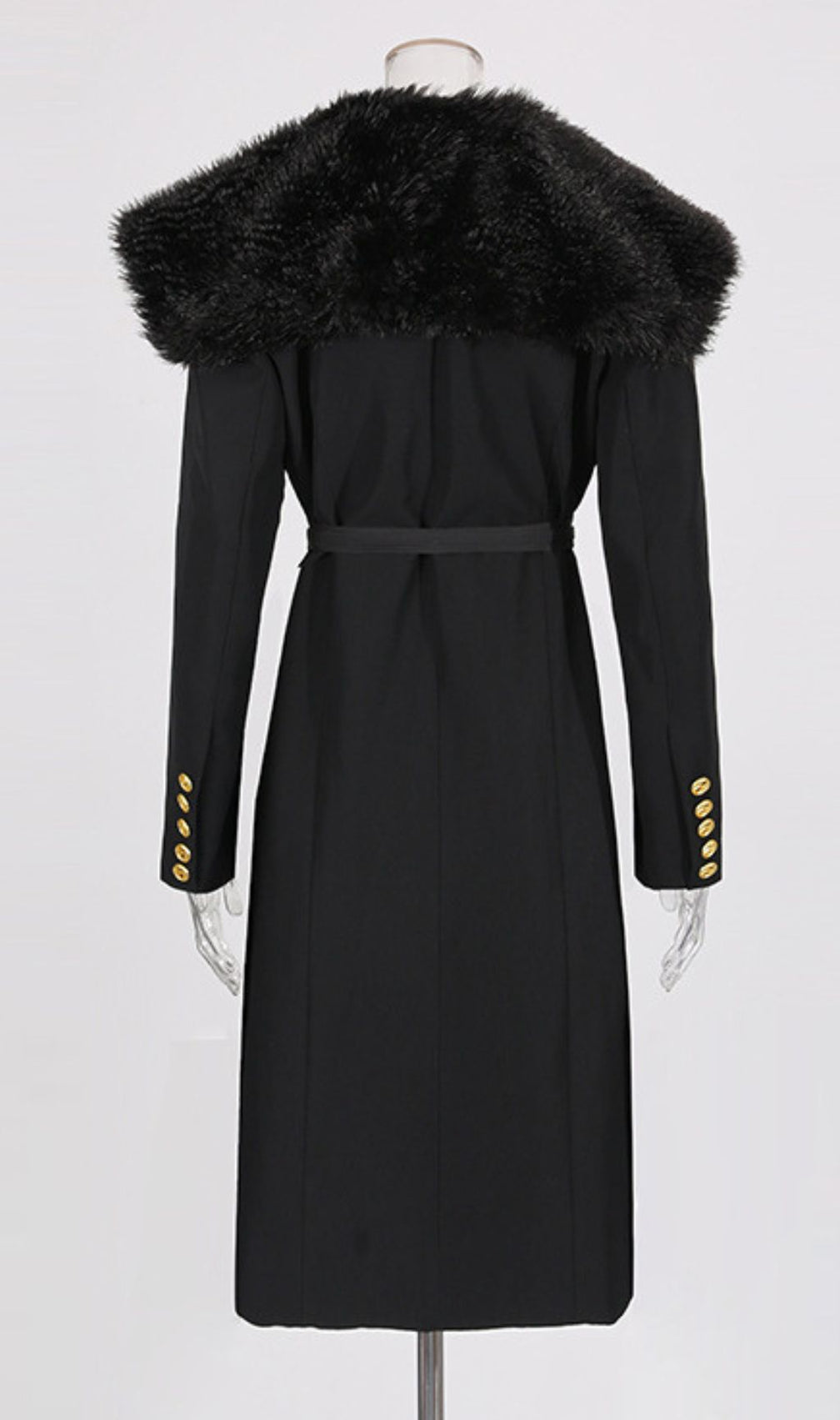 Ismail Luxe Black Fur Collar Coat: Elegant Winter Warmth with Gold Belt Detail