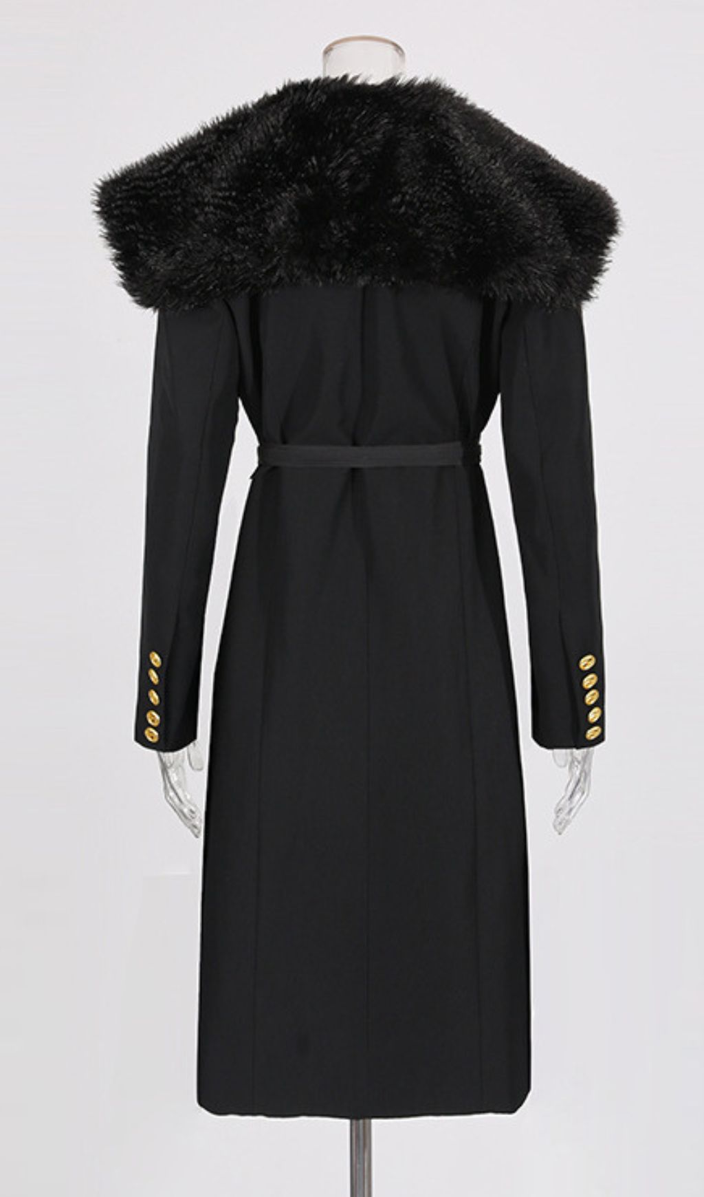 Ismail Luxe Black Fur Collar Coat: Elegant Winter Warmth with Gold Belt Detail