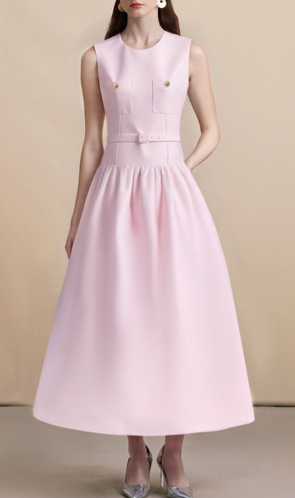 Chic Jonatha Pink Midi Dress | Belted Elegance & Gold Accents