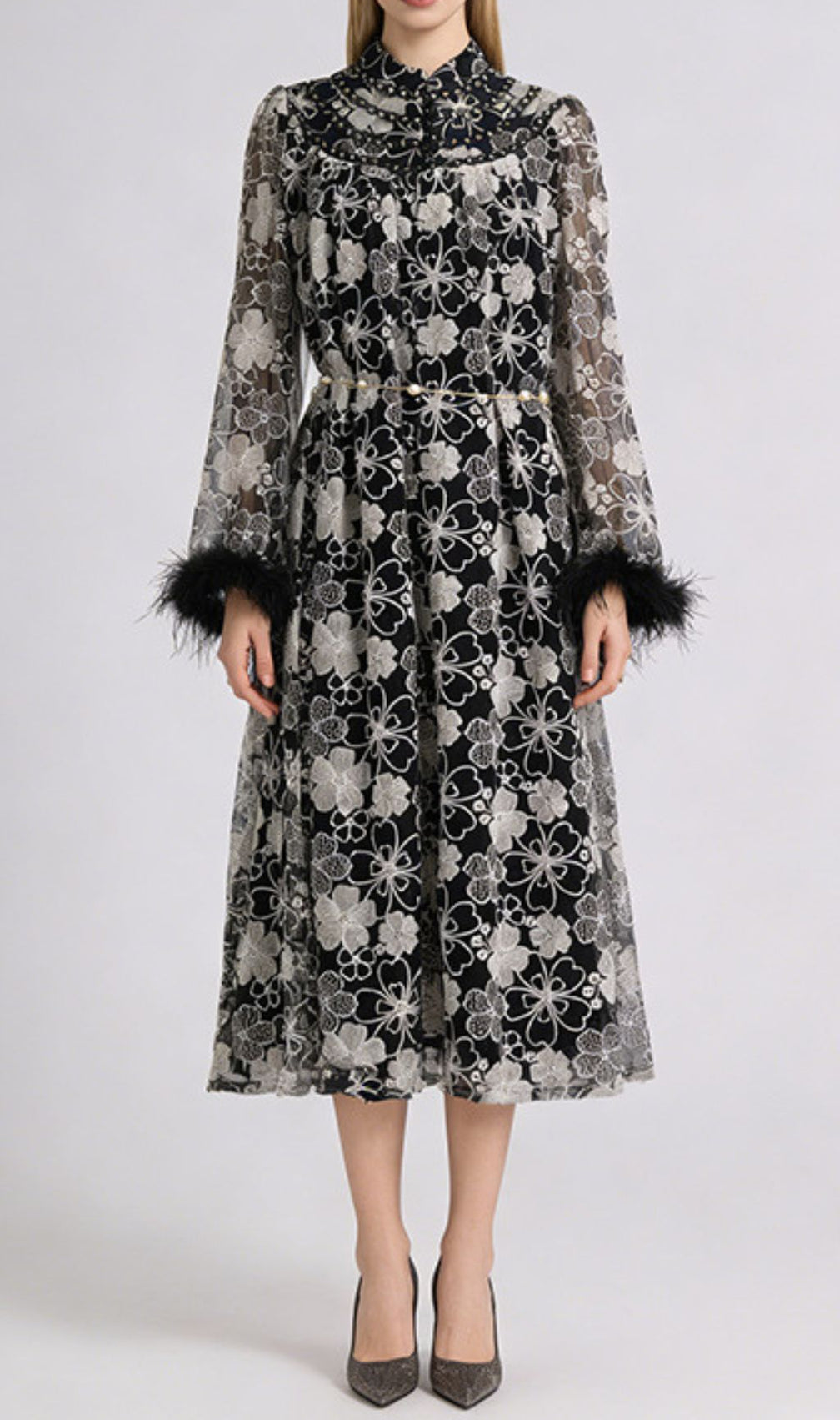 Jenner Floral Lace Midi Dress - Elegant Long Sleeve with Feather Cuffs