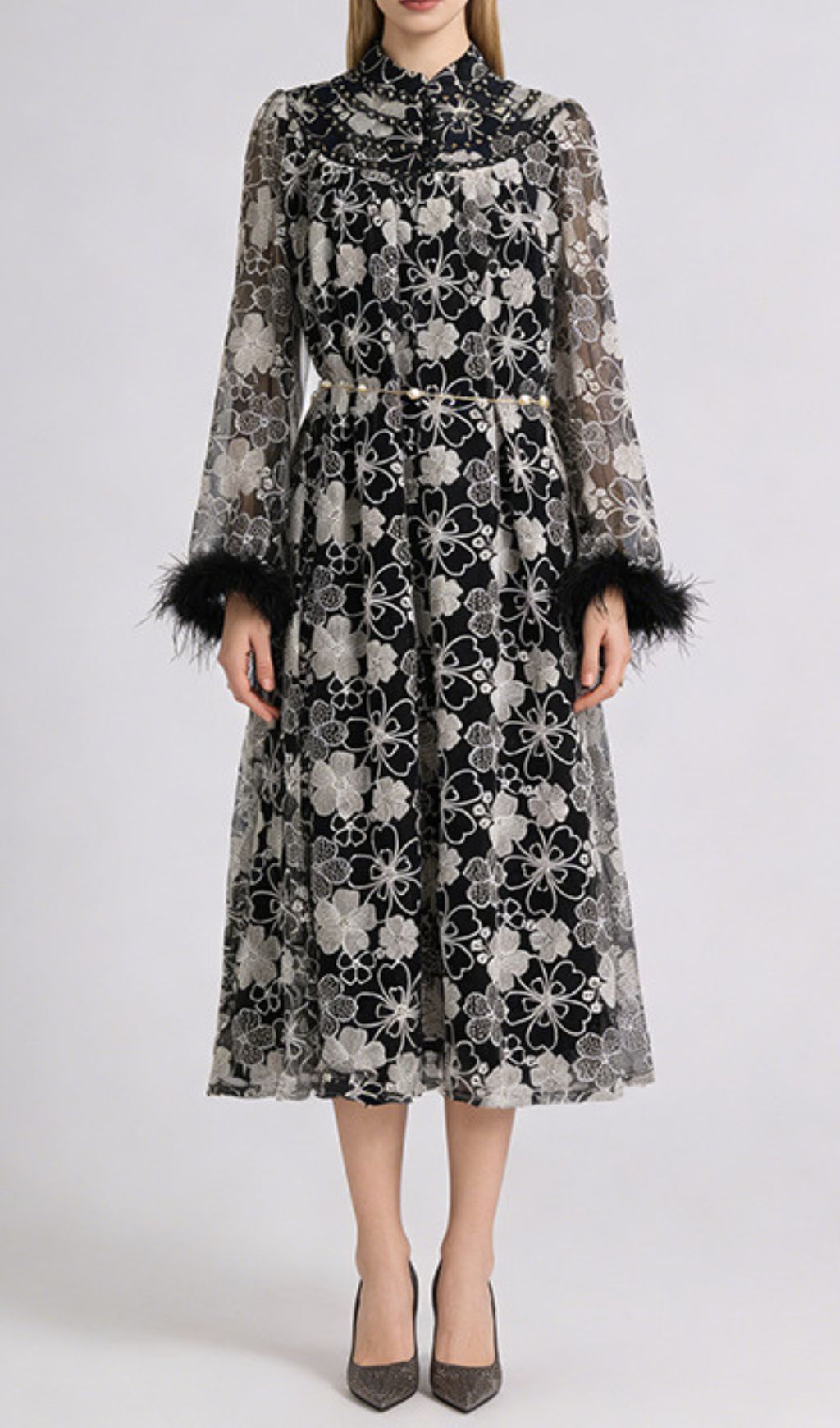 Jenner Floral Lace Midi Dress - Elegant Long Sleeve with Feather Cuffs