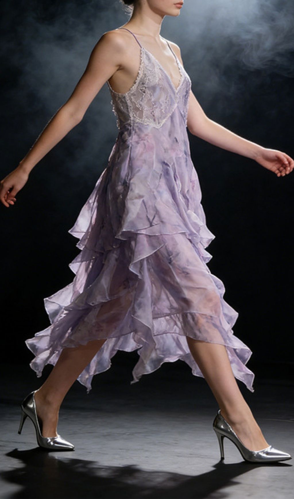 Kaloni Ethereal Lavender Floral Ruffled Maxi Dress - Strappy V-Neck Chiffon Gown