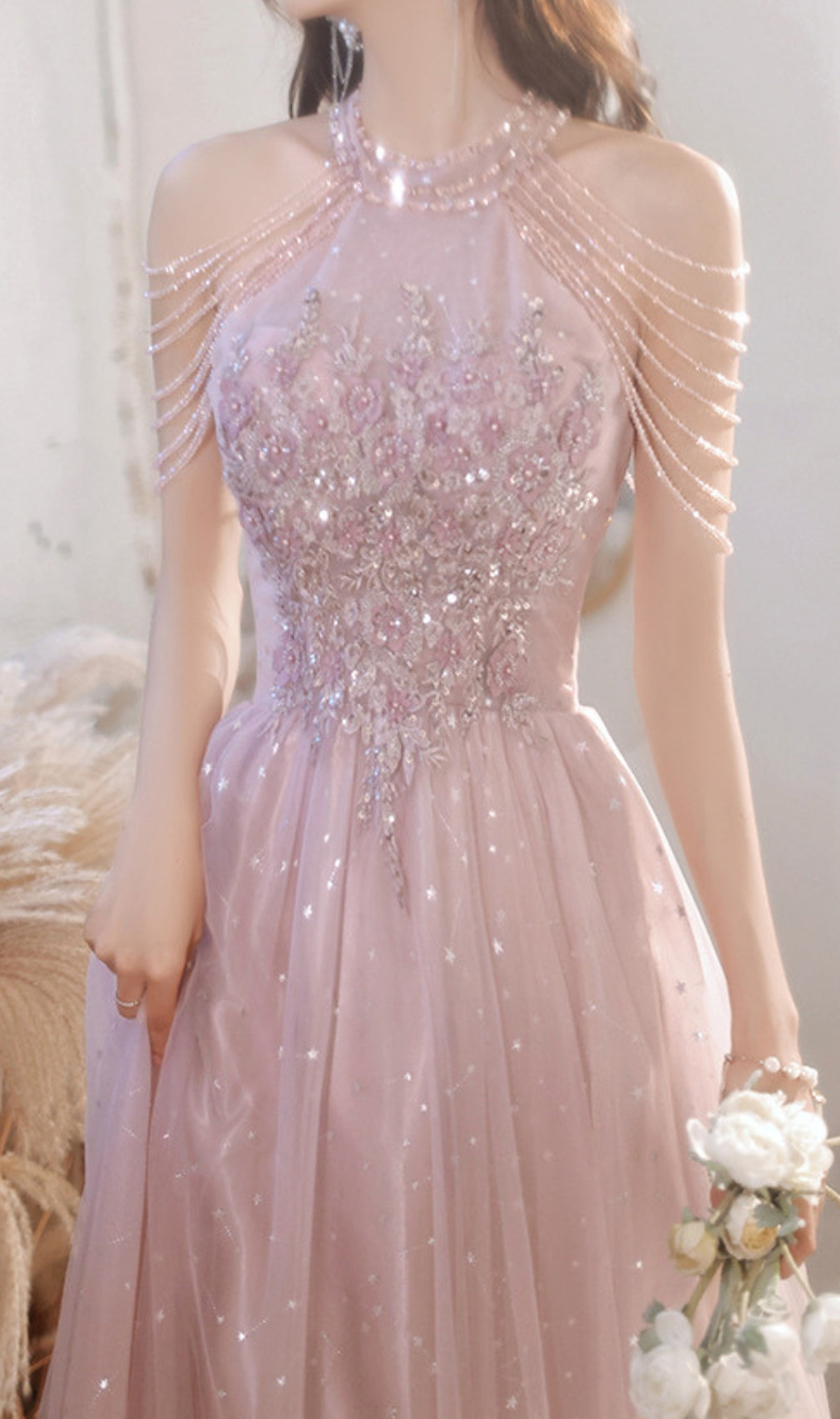 Cleon Halter Flower Sequin Maxi Dress