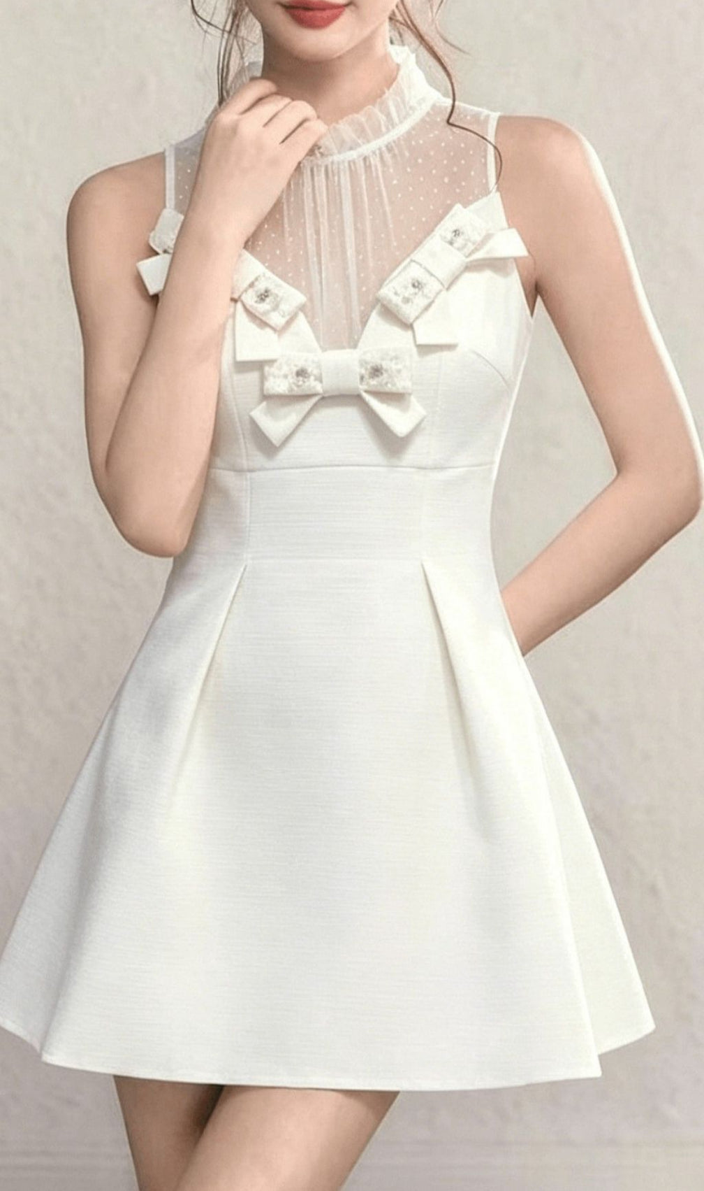 Kikkan White Bow Mesh Mini Dress | Elegant & Flirty Party Dress for Women
