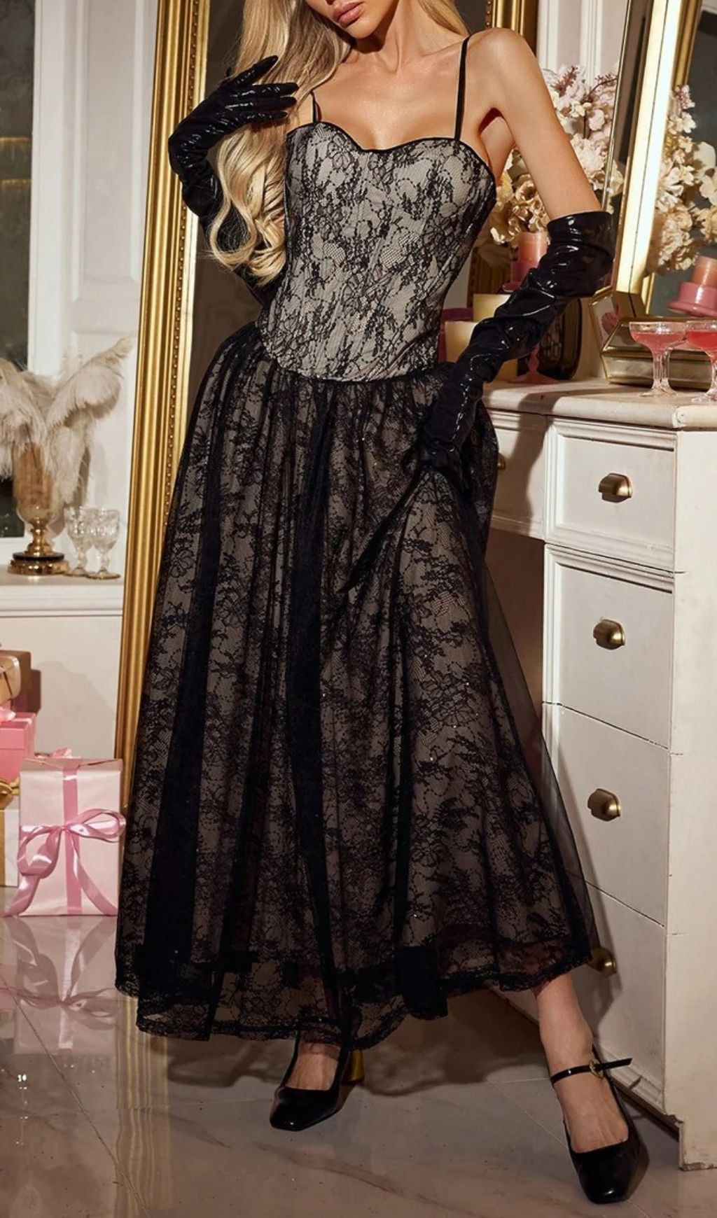 Nexorin Enchanting Black Lace & Sequin Maxi Gown - Elegant Formal Dress