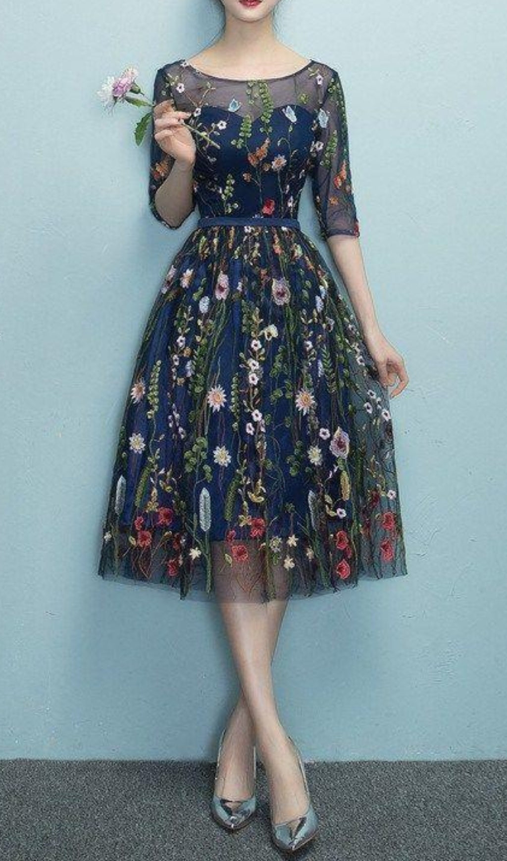Daphne Flower Mesh Midi Dress