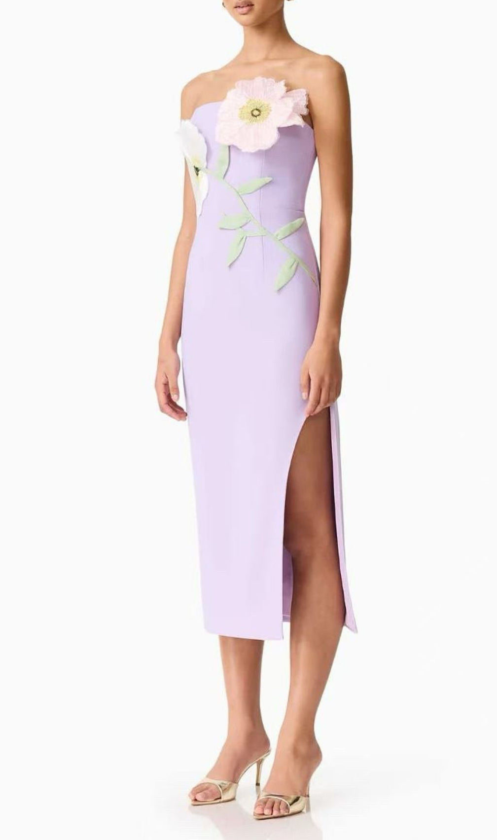 Kifle Chic Lavender Strapless Midi Dress with 3D Floral Embroidery